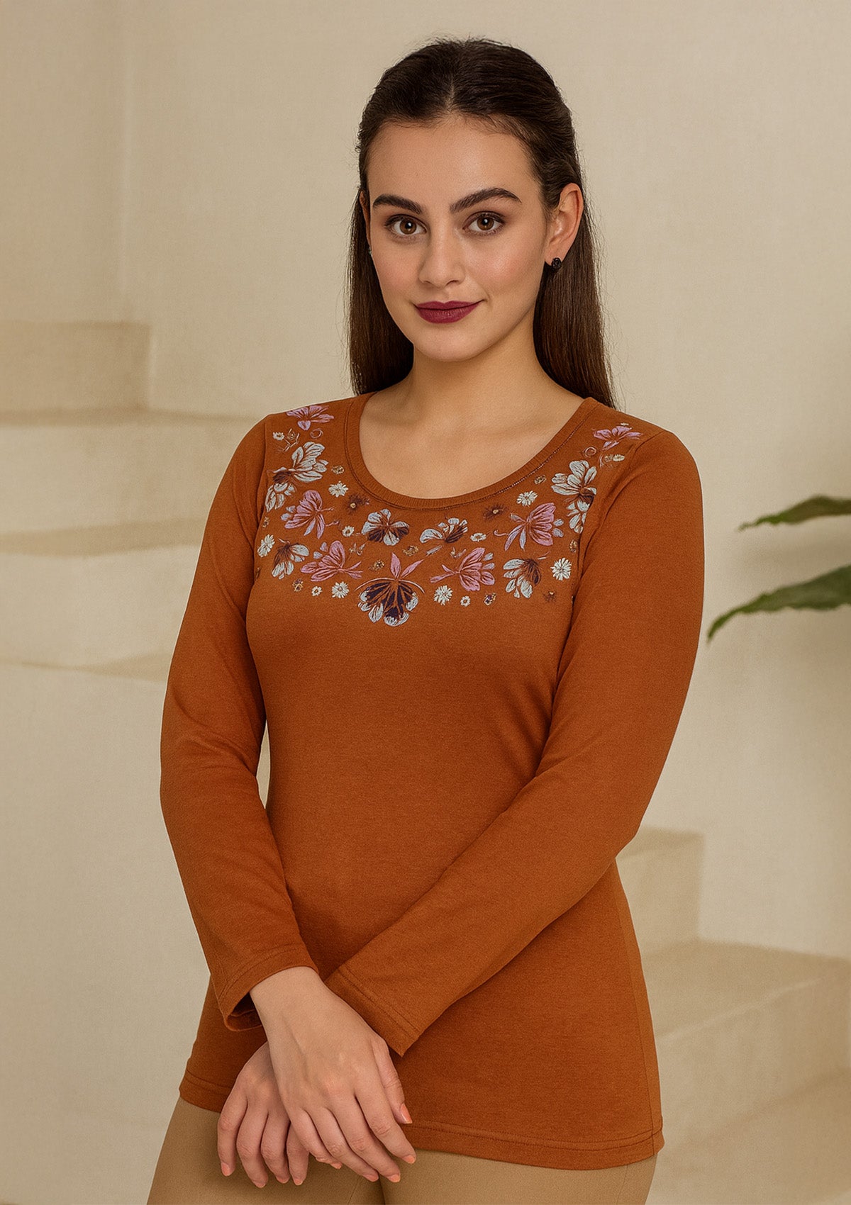 Melini Women’s Short Top – Rust Brown Floral Print & Long Sleeve