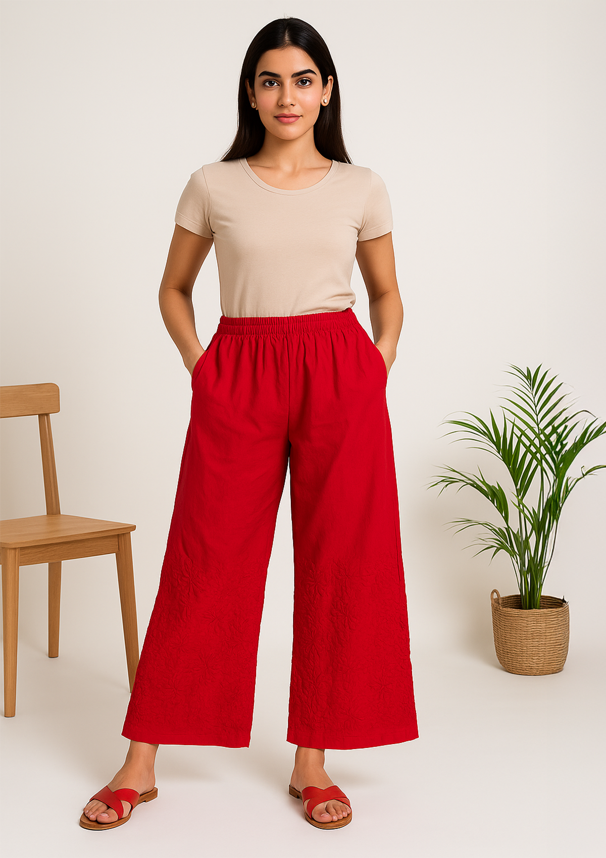 Women’s Red Rayon Lucknowi Palazzo – Embroidered Wide Pant