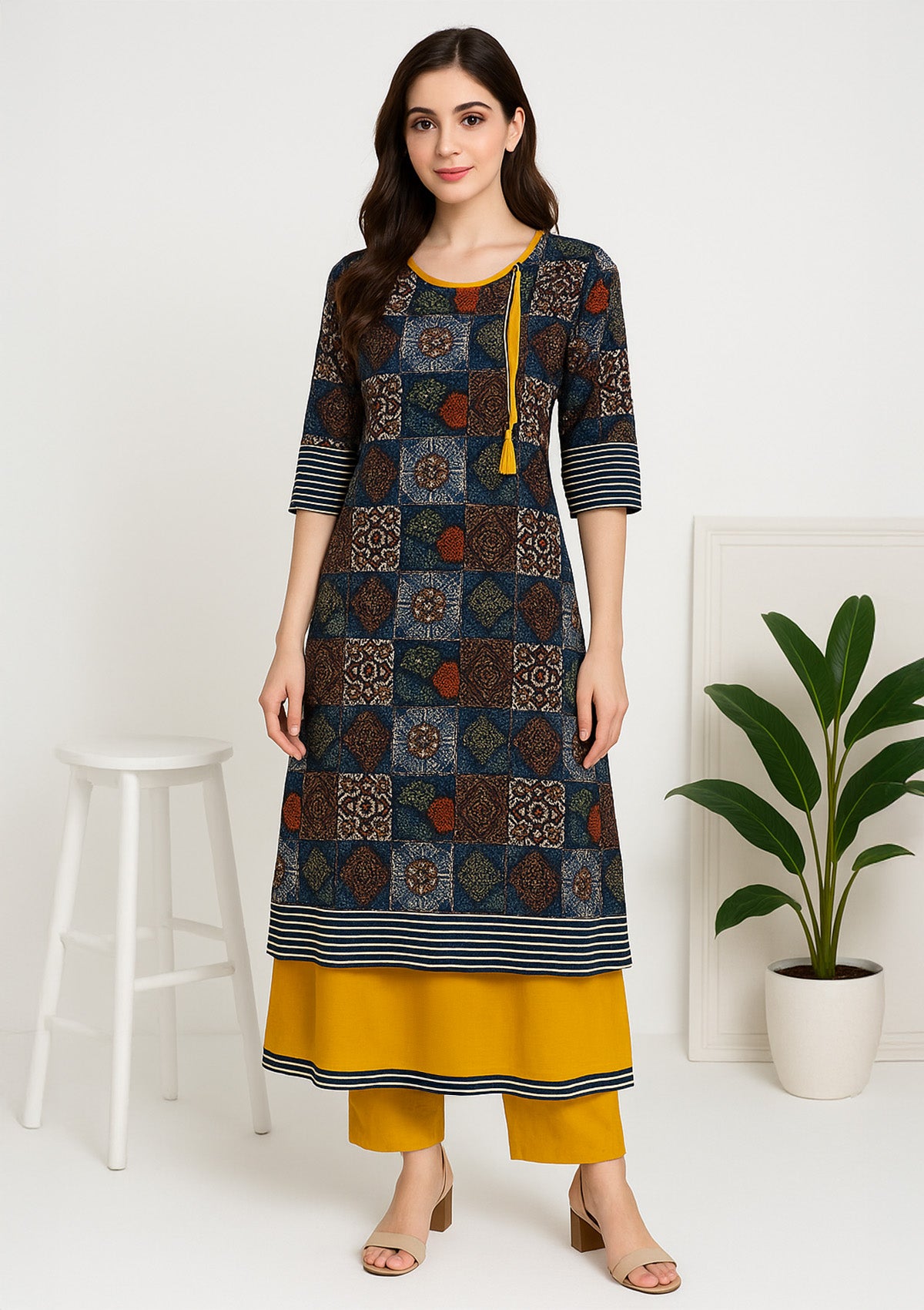Multicolor Mosaic Print with Mustard Layer - A Line Kurti