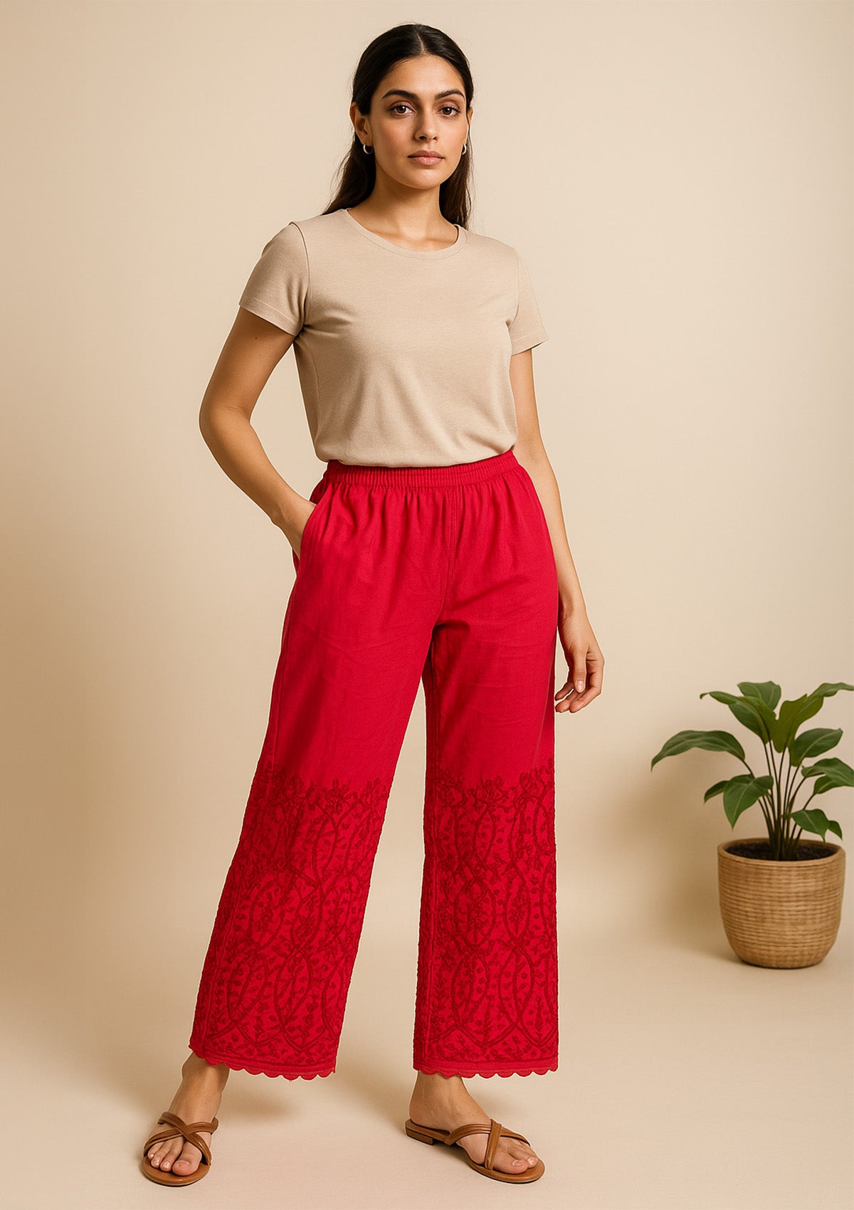 Women’s Red Rayon Pant Palazzo – Lucknowi Embroidered Ethnic