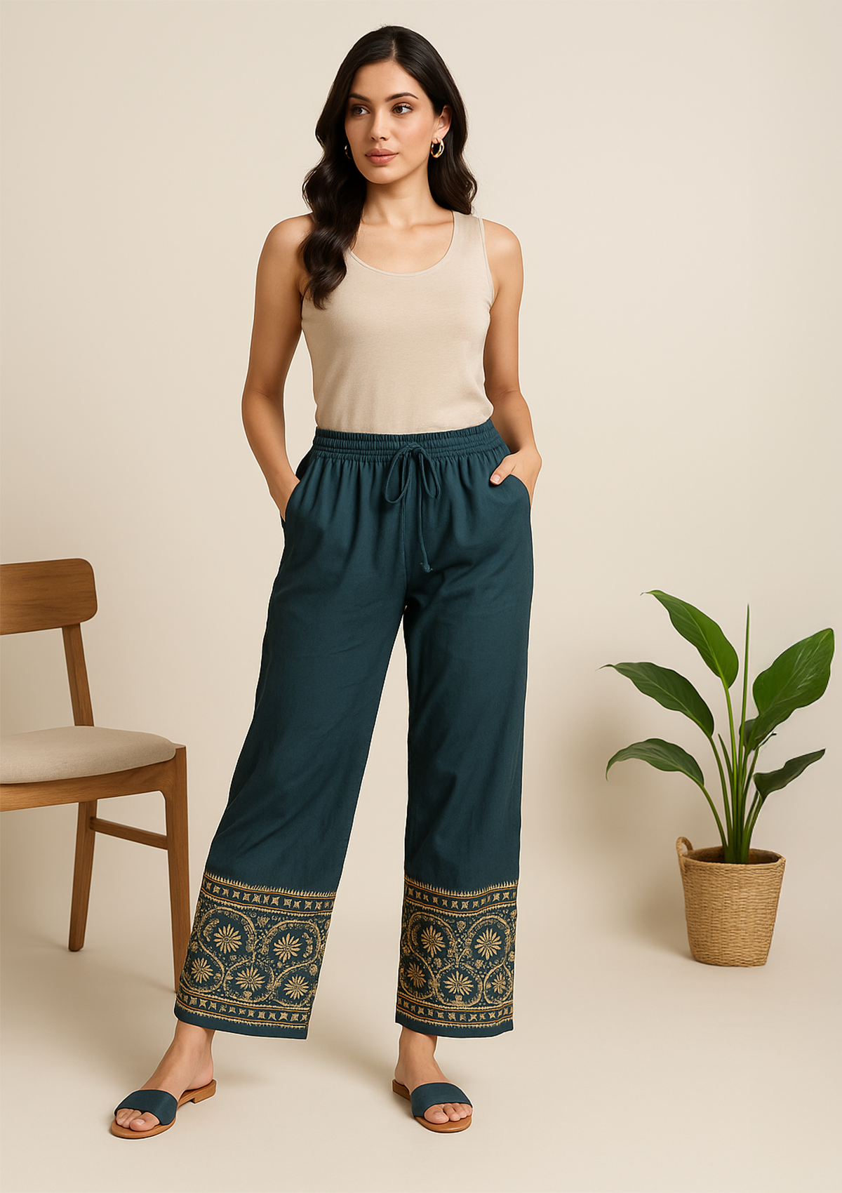Women’s Grey Cotton Palazzo – Ethnic Embroidered Straight Pant