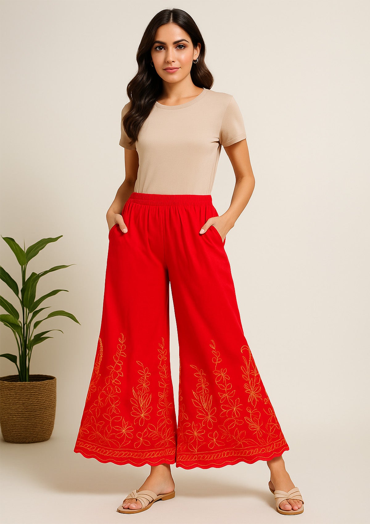 Women’s Red Georgette Sharara – Multicolour Threadwork Embroidered