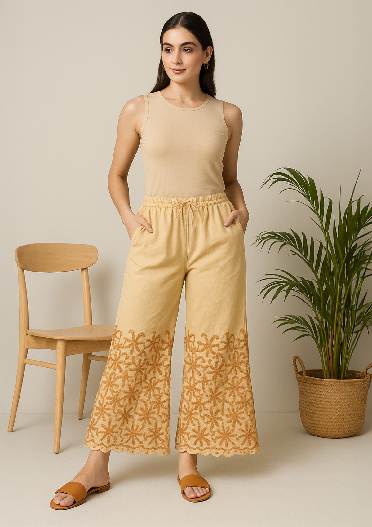 Women’s Beige Rayon Palazzo – Heavy Embroidered Ethnic Pants
