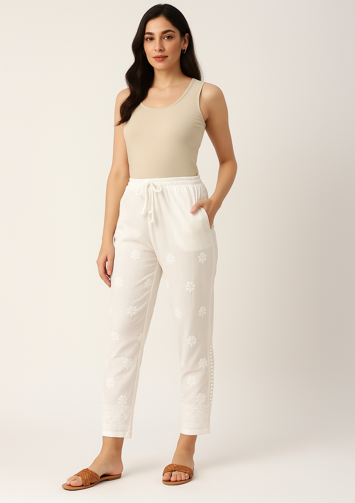 Women’s White Cotton Pant – Lucknowi Hand Embroidered
