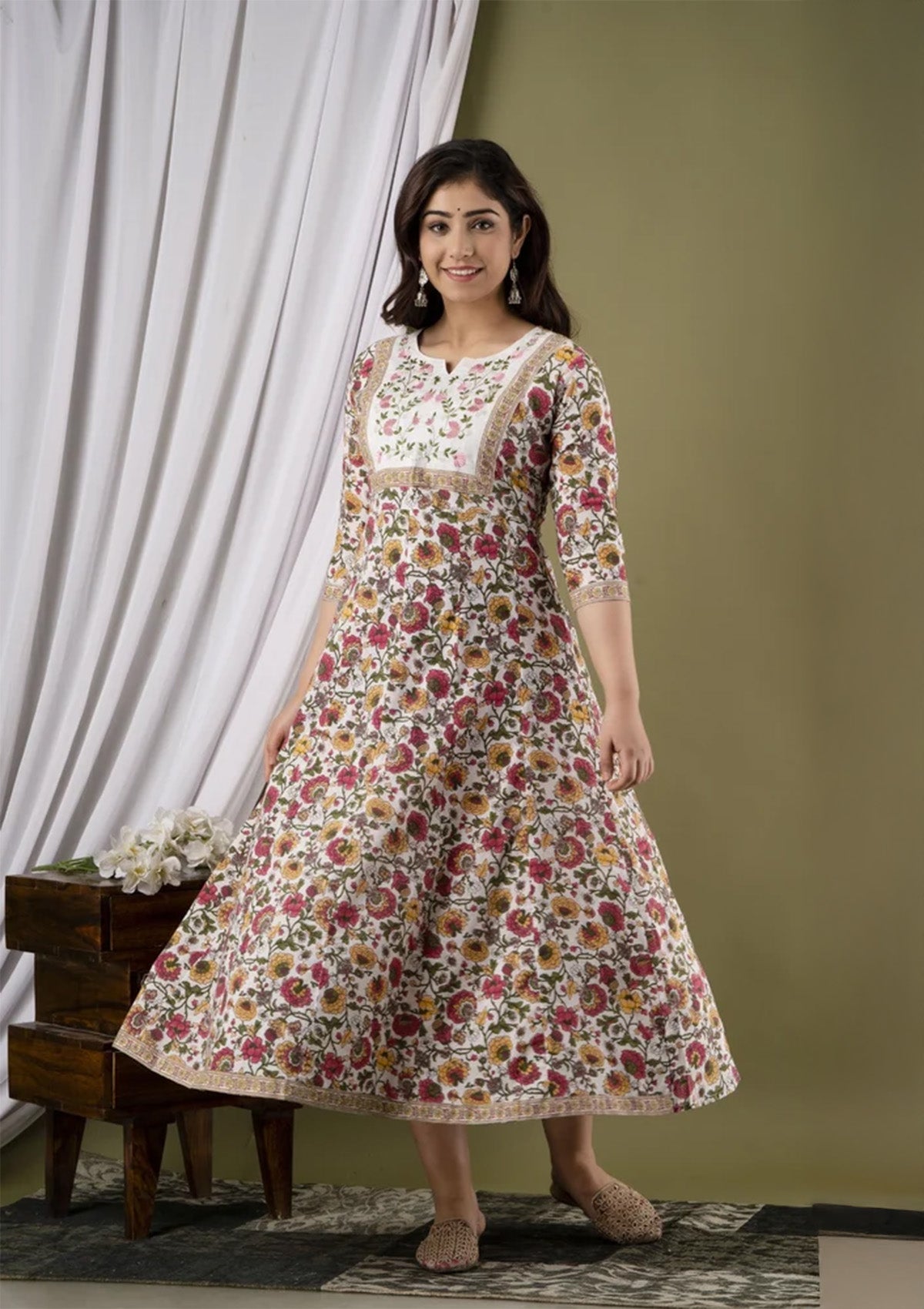 Embroidered Cotton Floor Length Gown for Women – White Floral Print