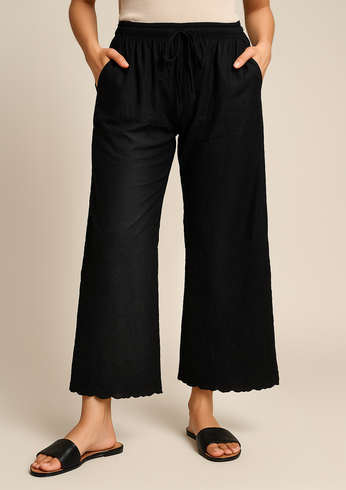 Women’s Black Rayon Pant Palazzo – Lucknowi Embroidered Ethnic