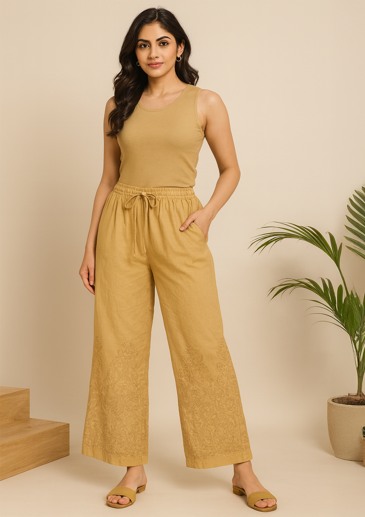 Women’s Beige Rayon Pant Palazzo – Lucknowi Embroidered Ethnic