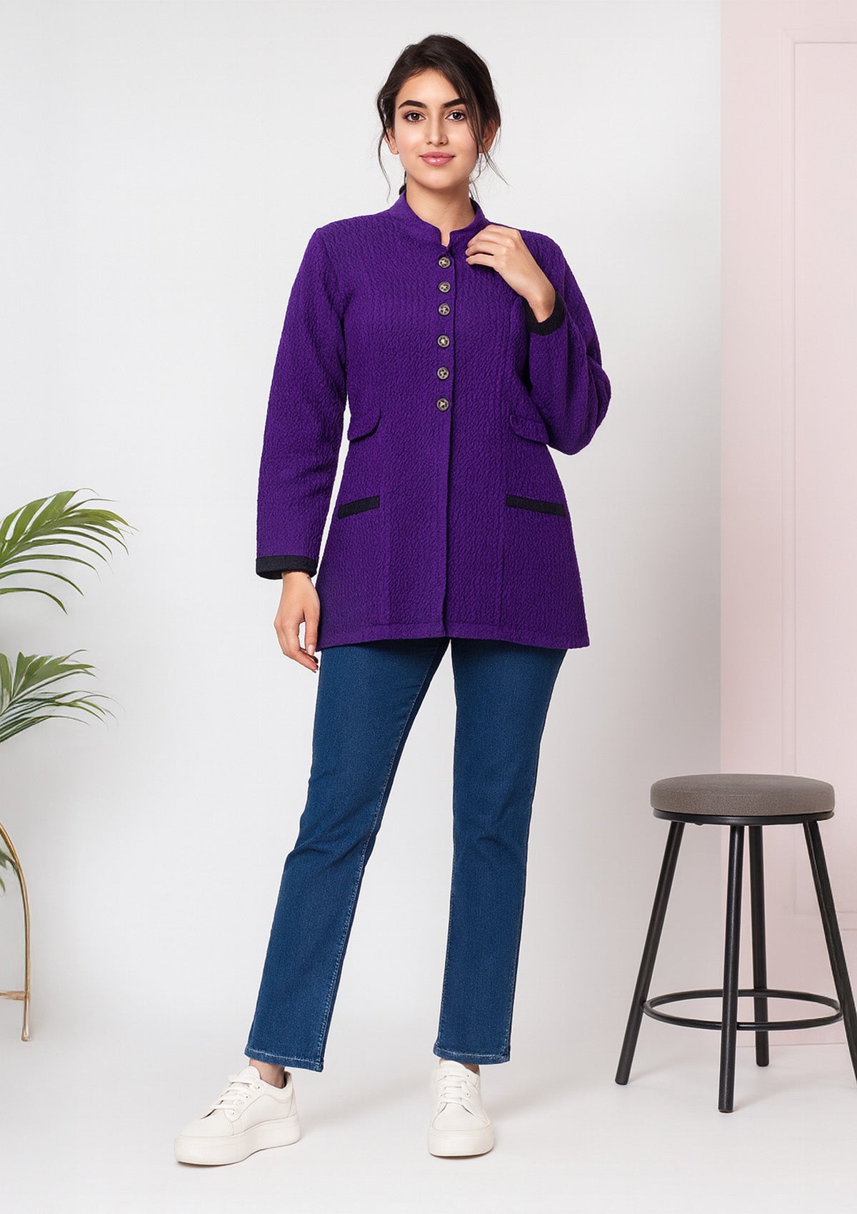 Purple Woolen Coat Style Cardigan – Black Trim & Buttoned