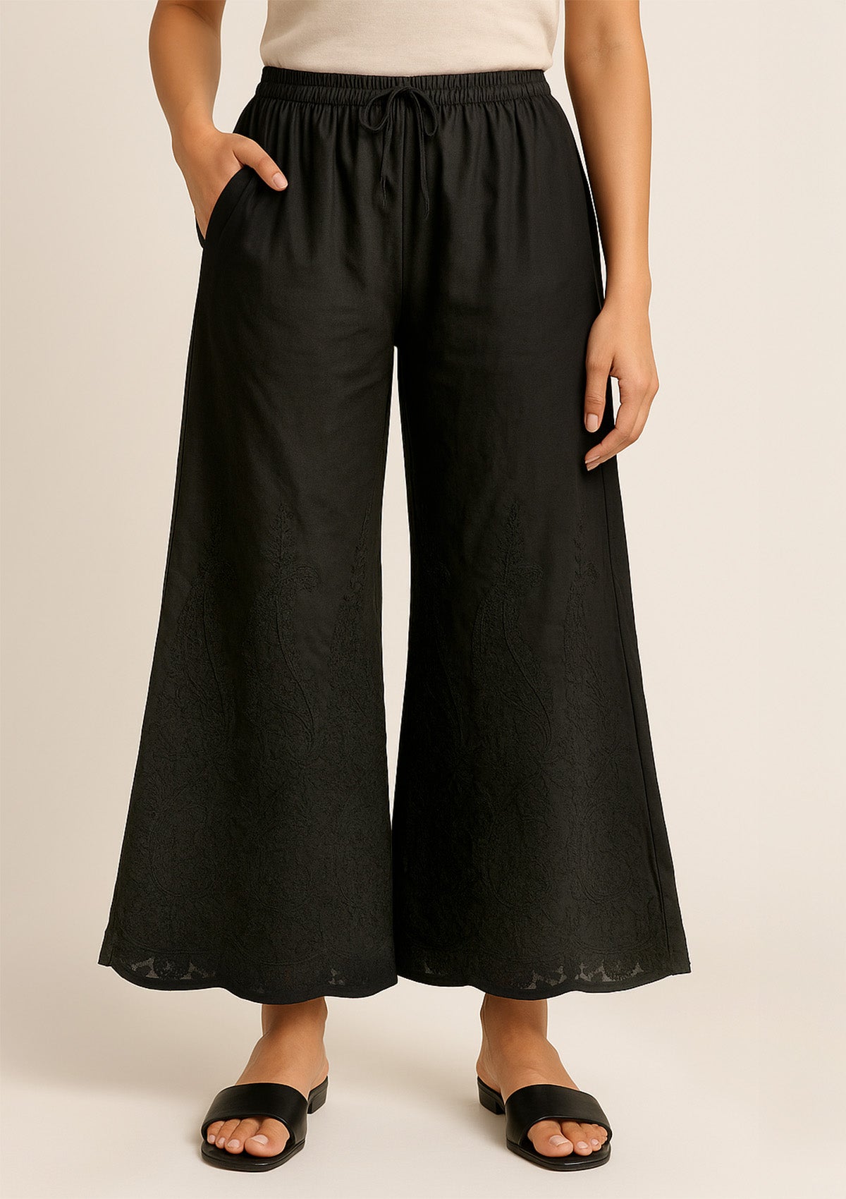 Women’s Black Georgette Sharara – Threadwork Lucknowi Embroidered