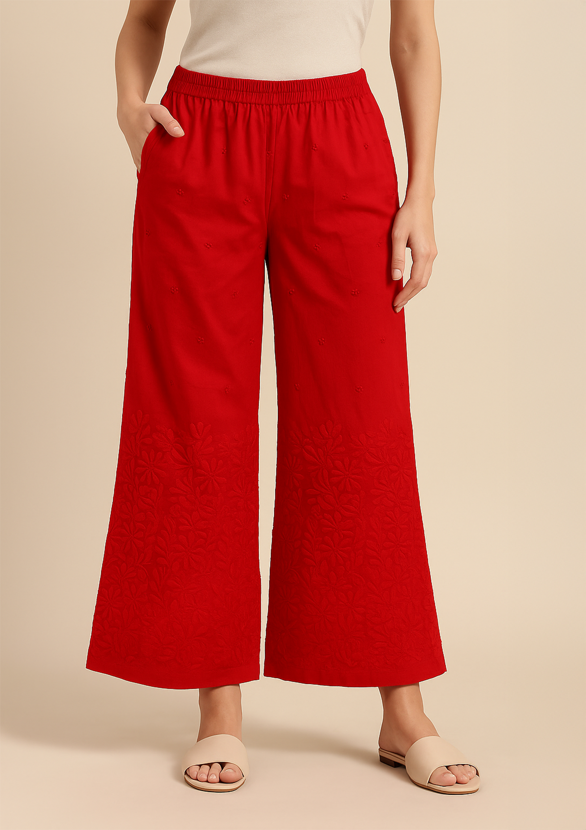 Women’s Red Rayon Lucknowi Palazzo – Embroidered Wide Pant