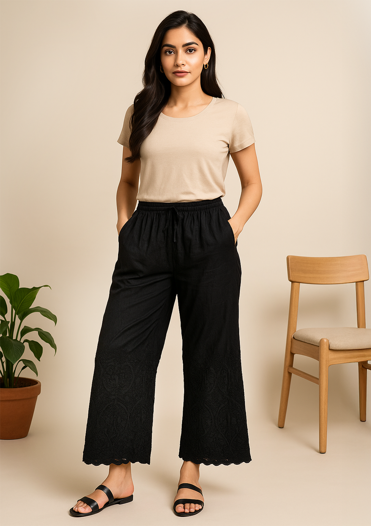 Women’s Black Rayon Pant Palazzo – Lucknowi Embroidered Ethnic