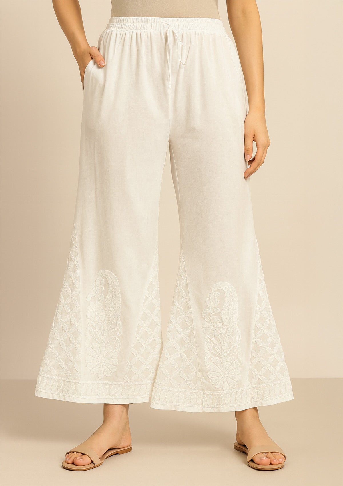 Women’s White Georgette Sharara – Same Colour Threadwork