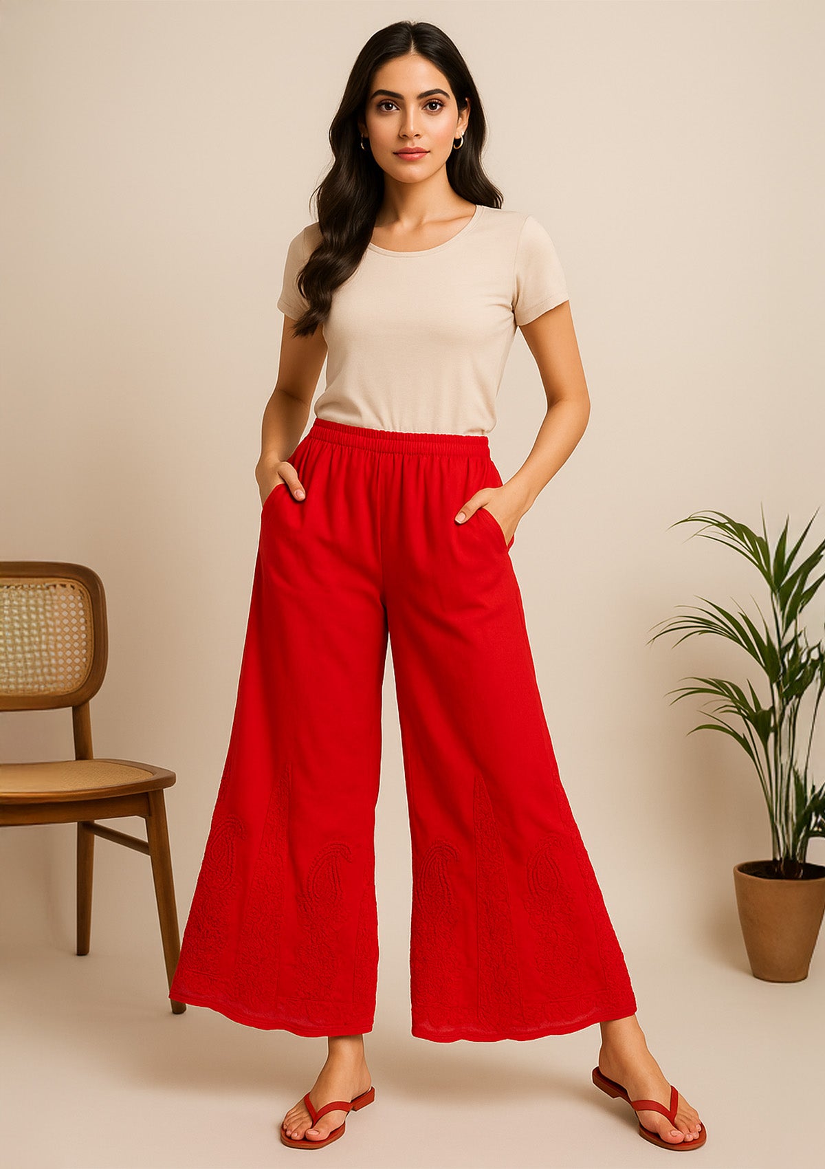 Women’s Red Georgette Sharara – Threadwork Heavy Embroidered