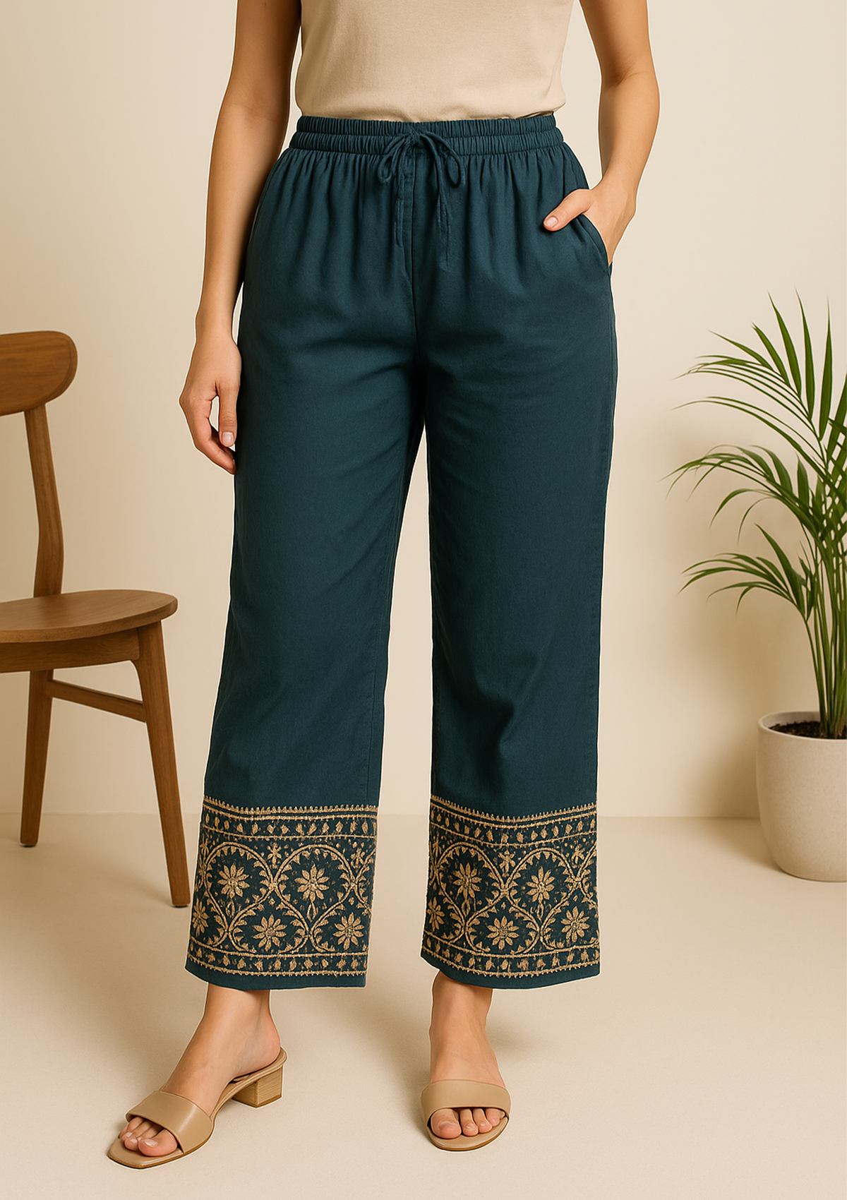 Women’s Grey Cotton Palazzo – Ethnic Embroidered Straight Pant