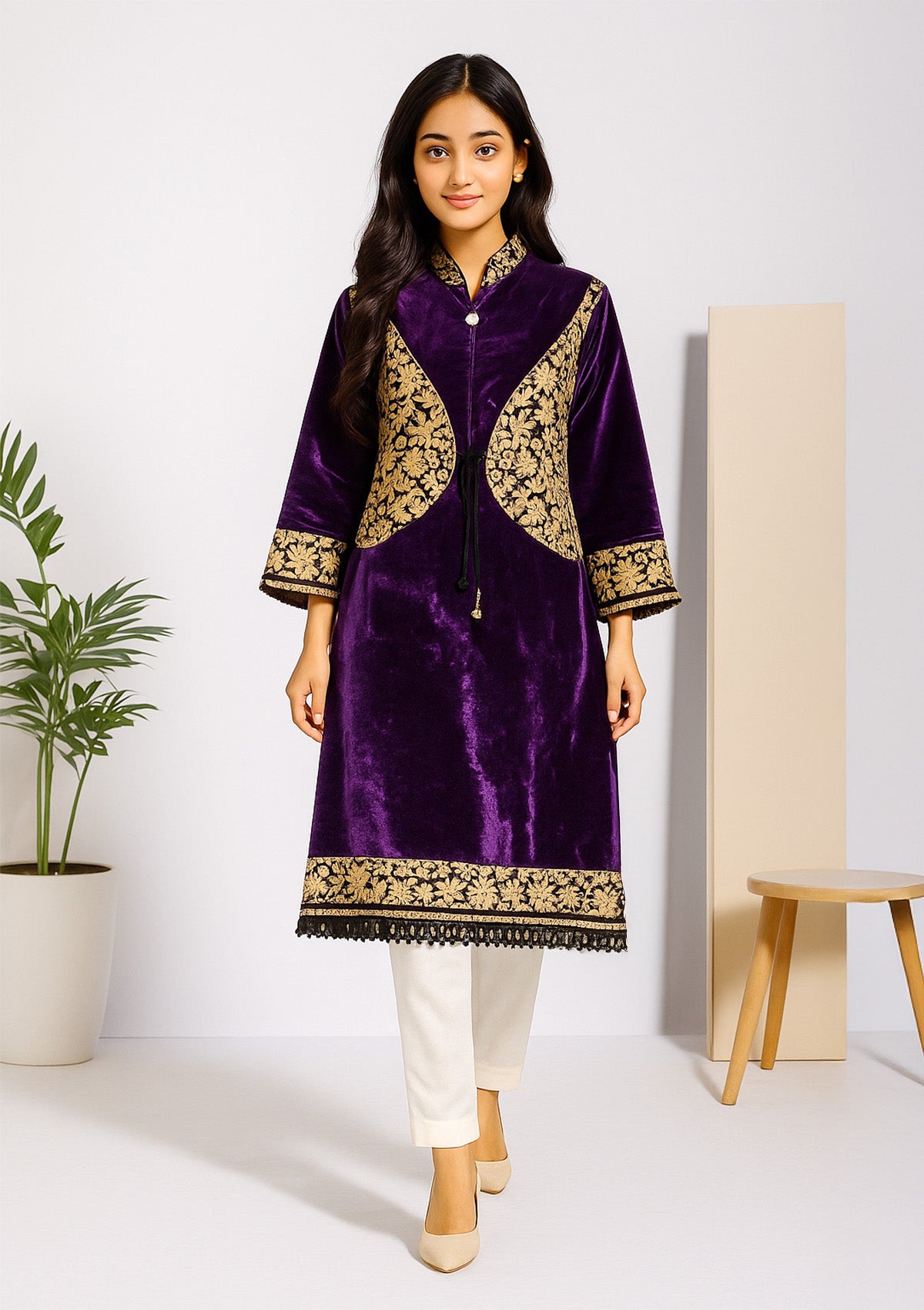 Royal Purple Velvet Kurti – Heavy Brocade Embroidery