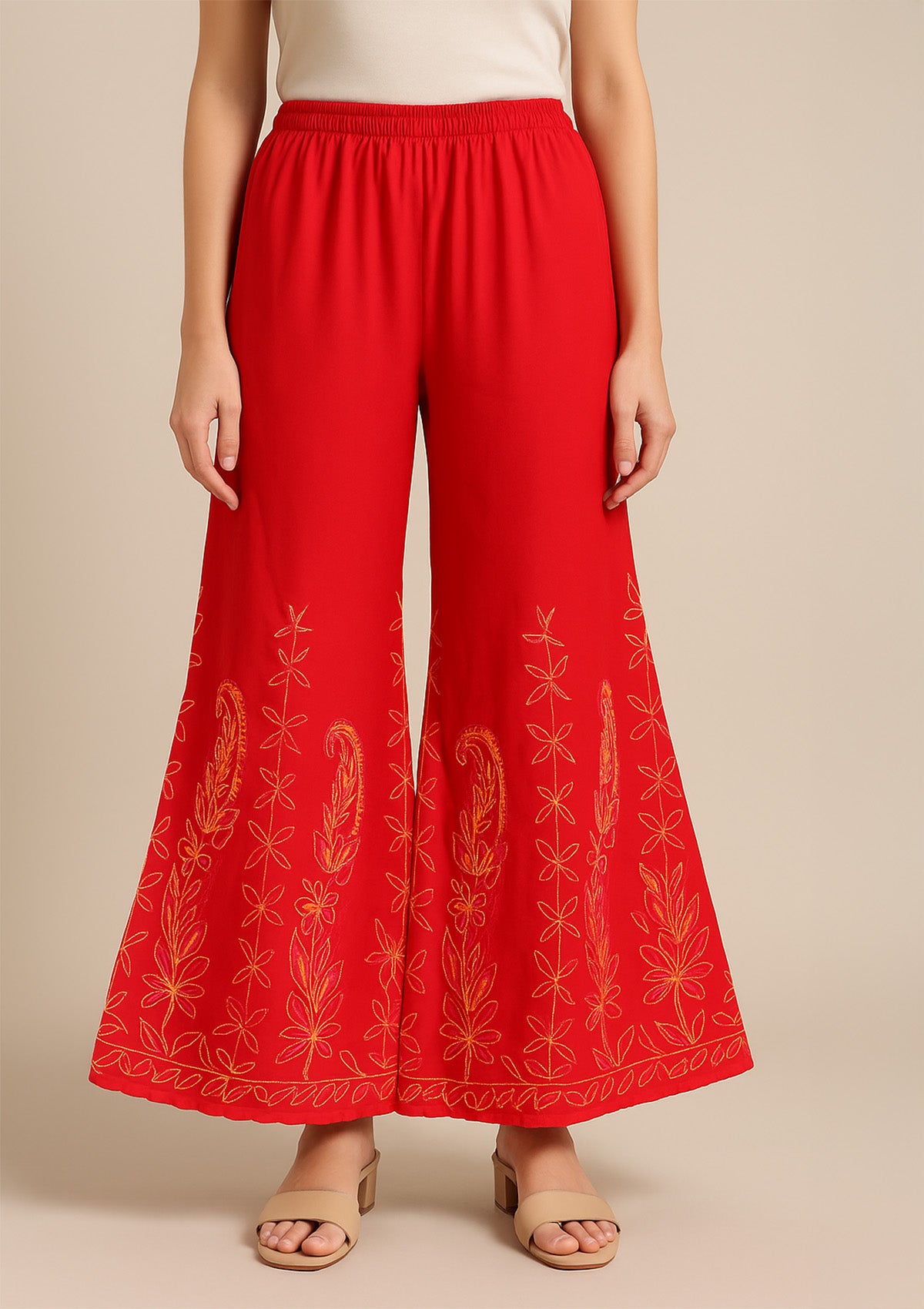 Women’s Red Georgette Sharara – Multicolour Threadwork Embroidered