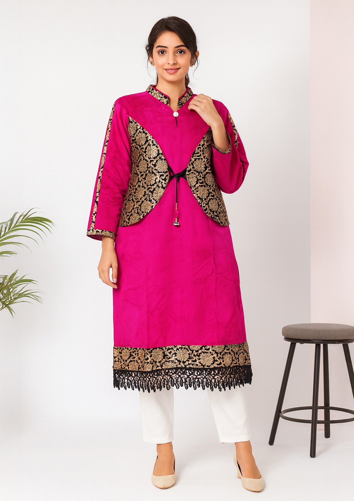 Fuchsia Velvet Kurti – Heavy Brocade Embroidery