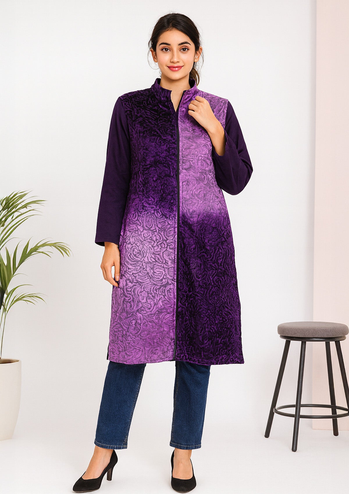 Velvet Ombre Long Kurti – Dual Purple Panel & Mandarin Collar