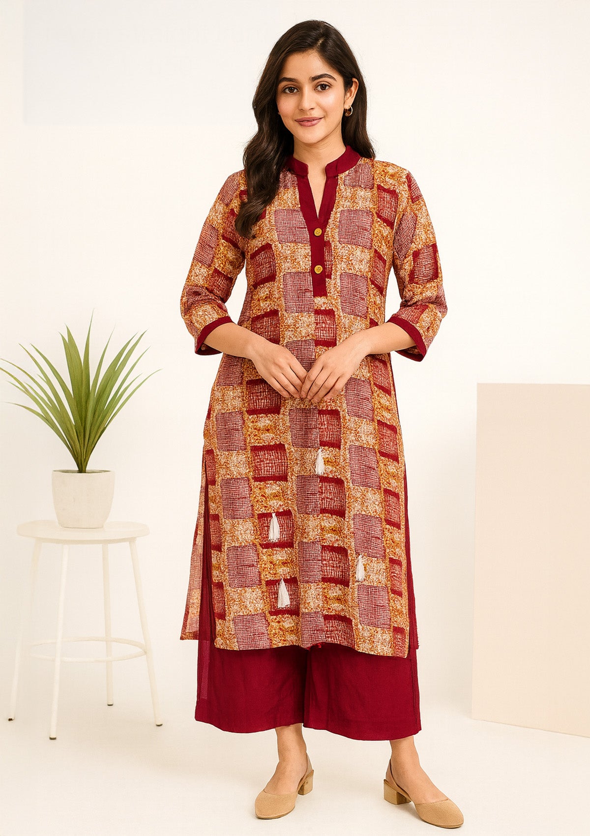 Women's Rayon Straight Kurti – Maroon Mustard Abstract Block Print