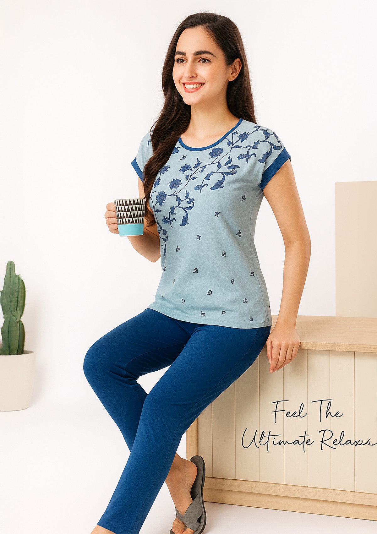 Sky Blue Floral Tee and Royal Blue Pyjama Lounge Set