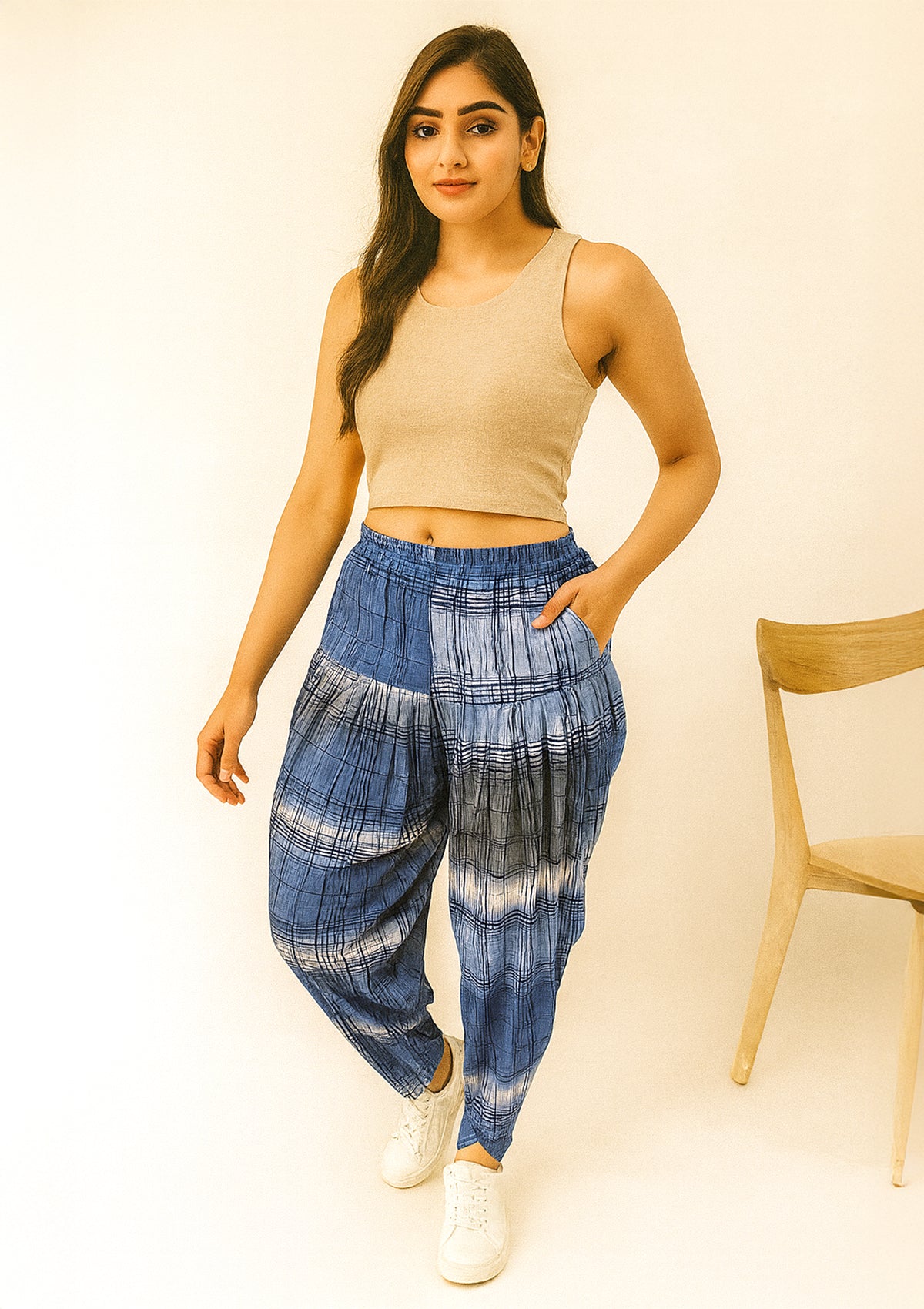 Women’s Blue Plaid Dhoti Pants – Stretch Fusion Pleated Salwar