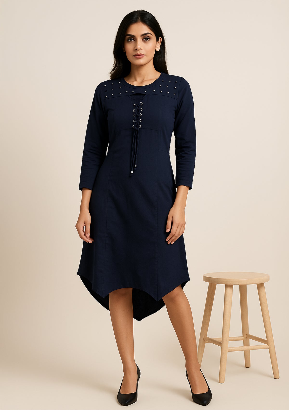 Women’s Navy Blue Spandex Midi Dress – Studded Shoulder