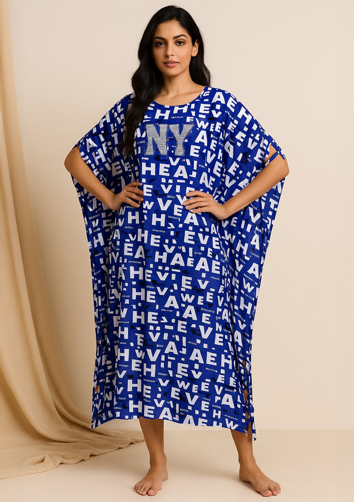 Women’s Blue Viscose Designer Abstract Midi Dress – Kaftan Style