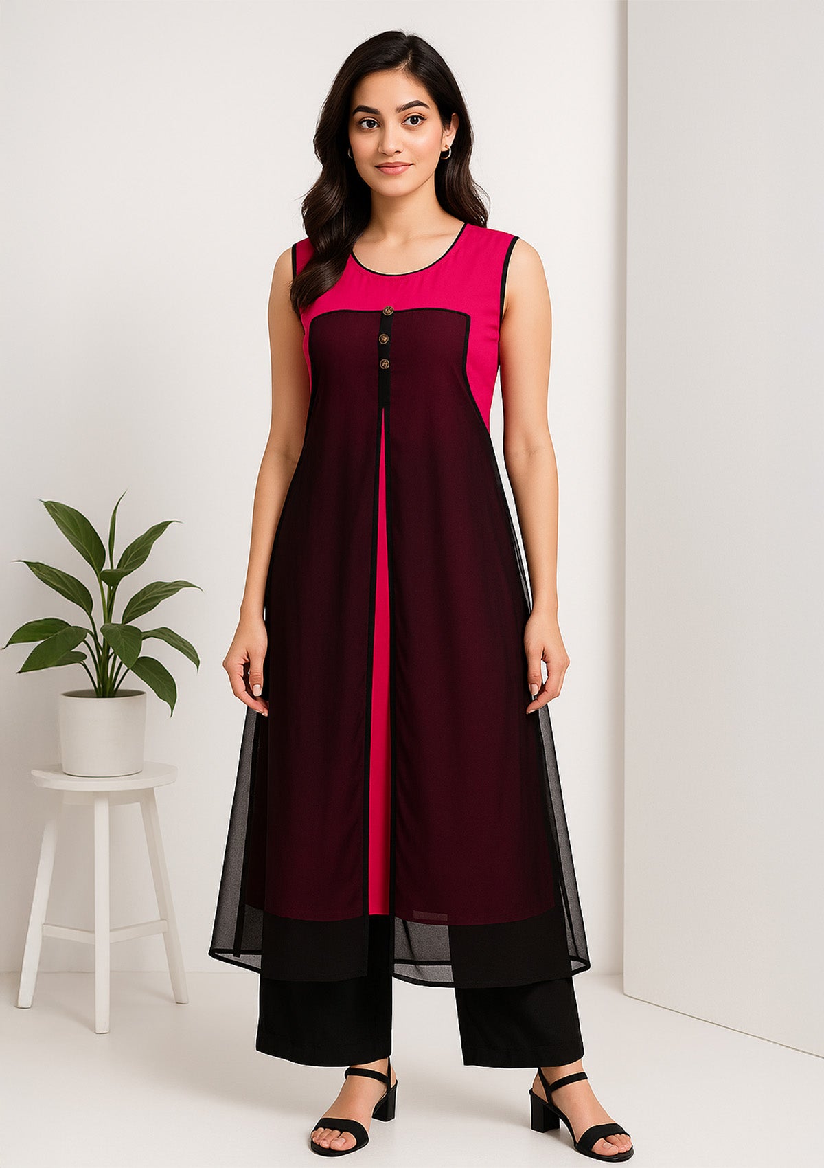 Women's Georgette A-Line Kurti – Magenta & Black Panel
