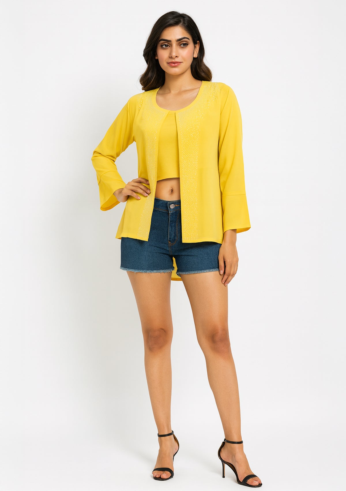 Women’s Yellow Georgette Shirt Style Top – Sequence Work