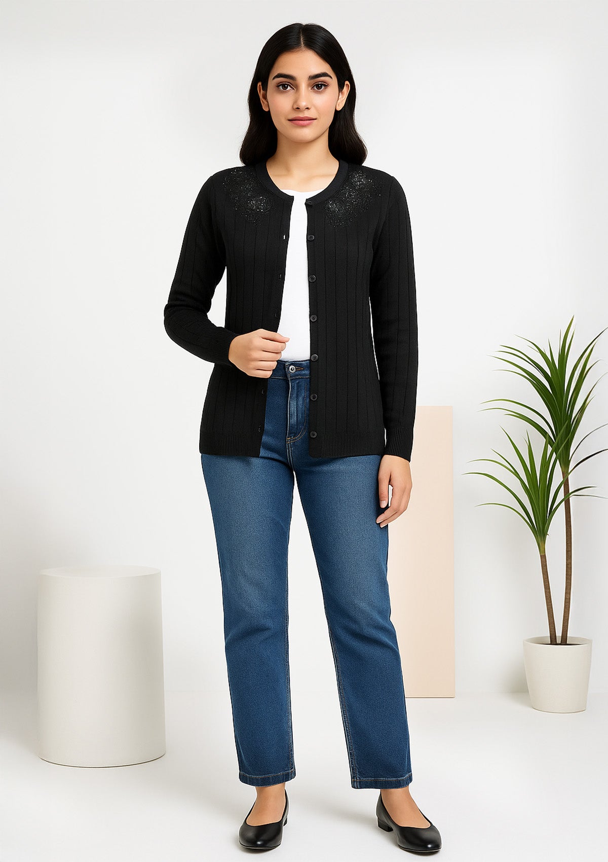 Women's Black Beaded Yoke Cardigan – Floral Embroidery