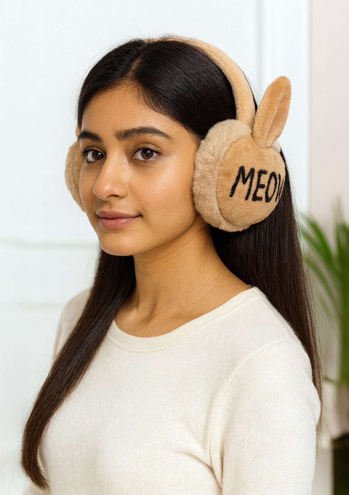 Beige Winter Ear Muffs – Ultra Soft Plush Bunny Bow Design