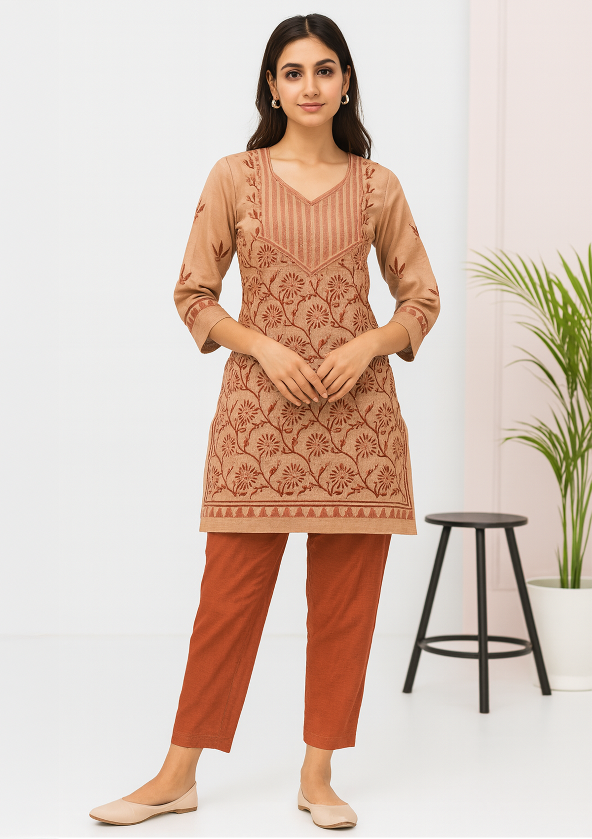 Women Chanderi Silk Kurti – Beige with Rust Floral Embroidery