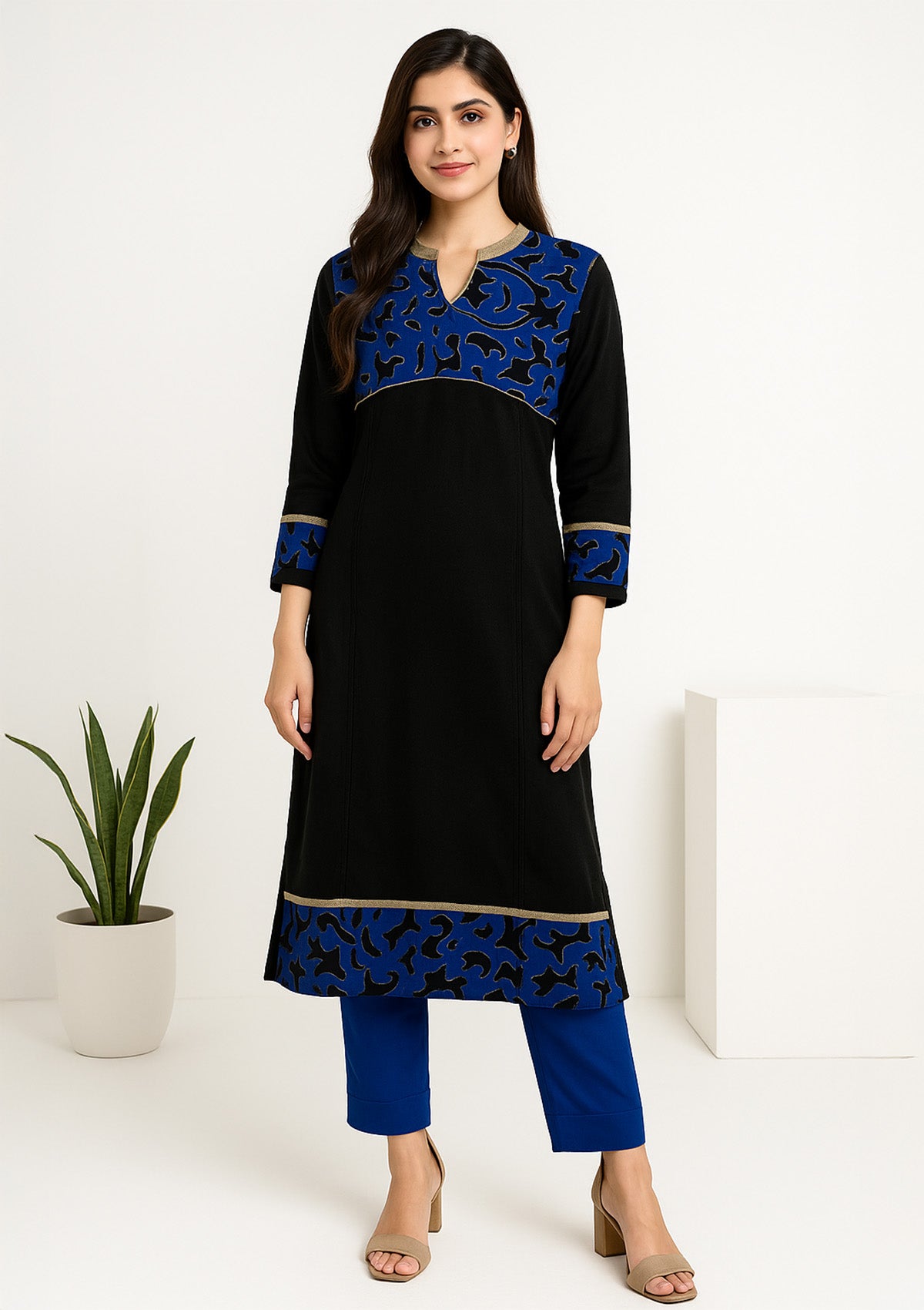 Women's Black Winter Kurti – Blue Velvet Patchwork Yoke