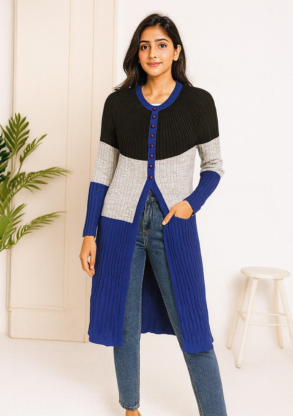 Women Colorblock Ribbed Cardigan – Black, Grey & Blue