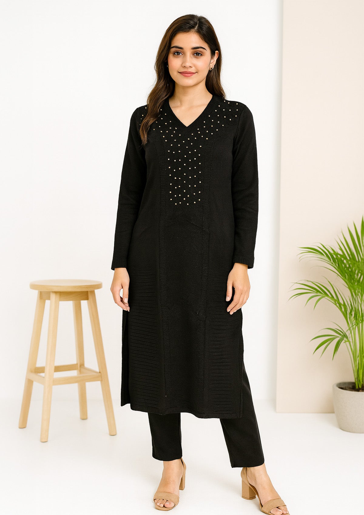 Black Woolen Winter Kurti – Studded Yoke & Soft Warm Knit