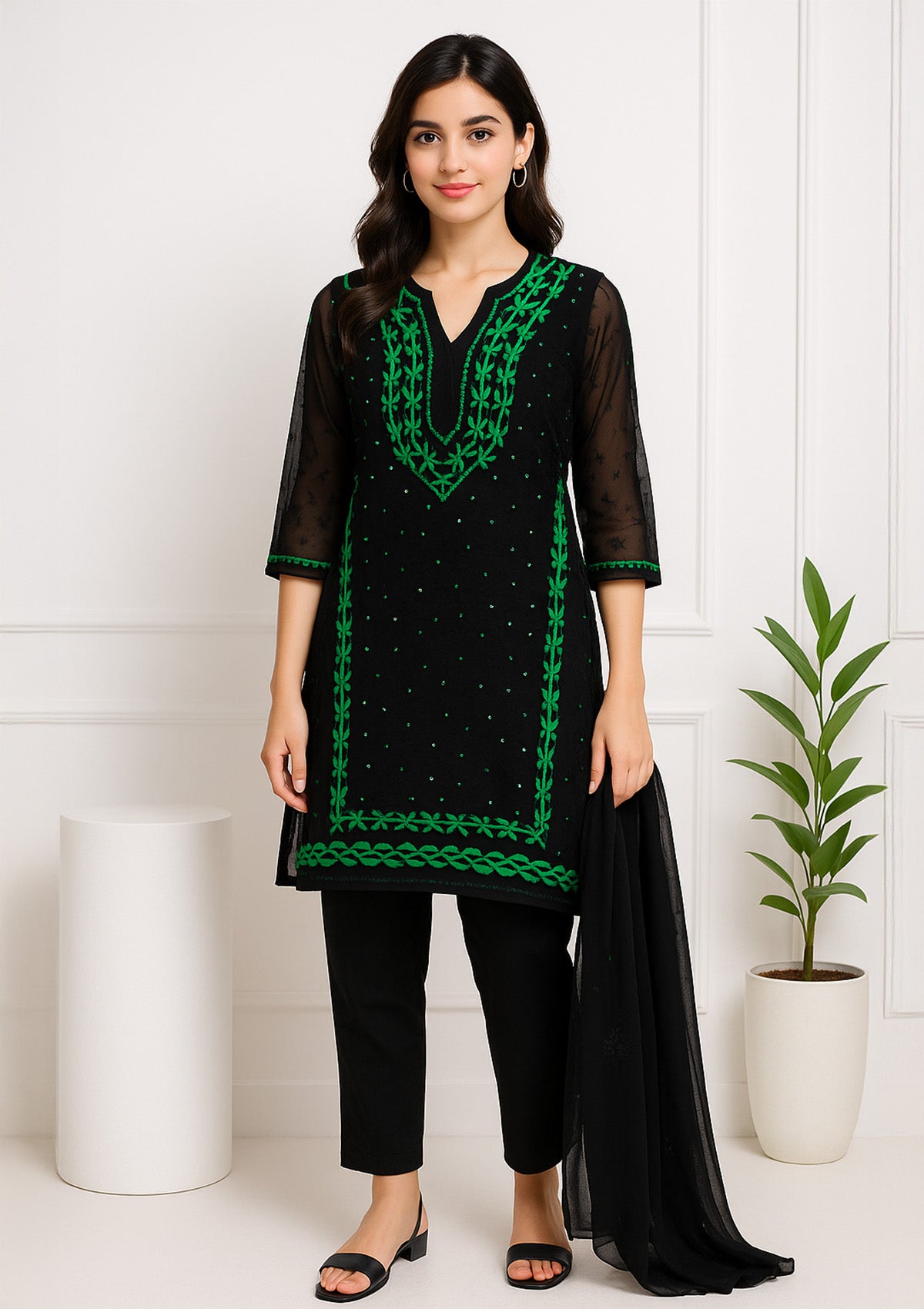 Women Georgette Kurti Set – Black with Green Thread Embroidery