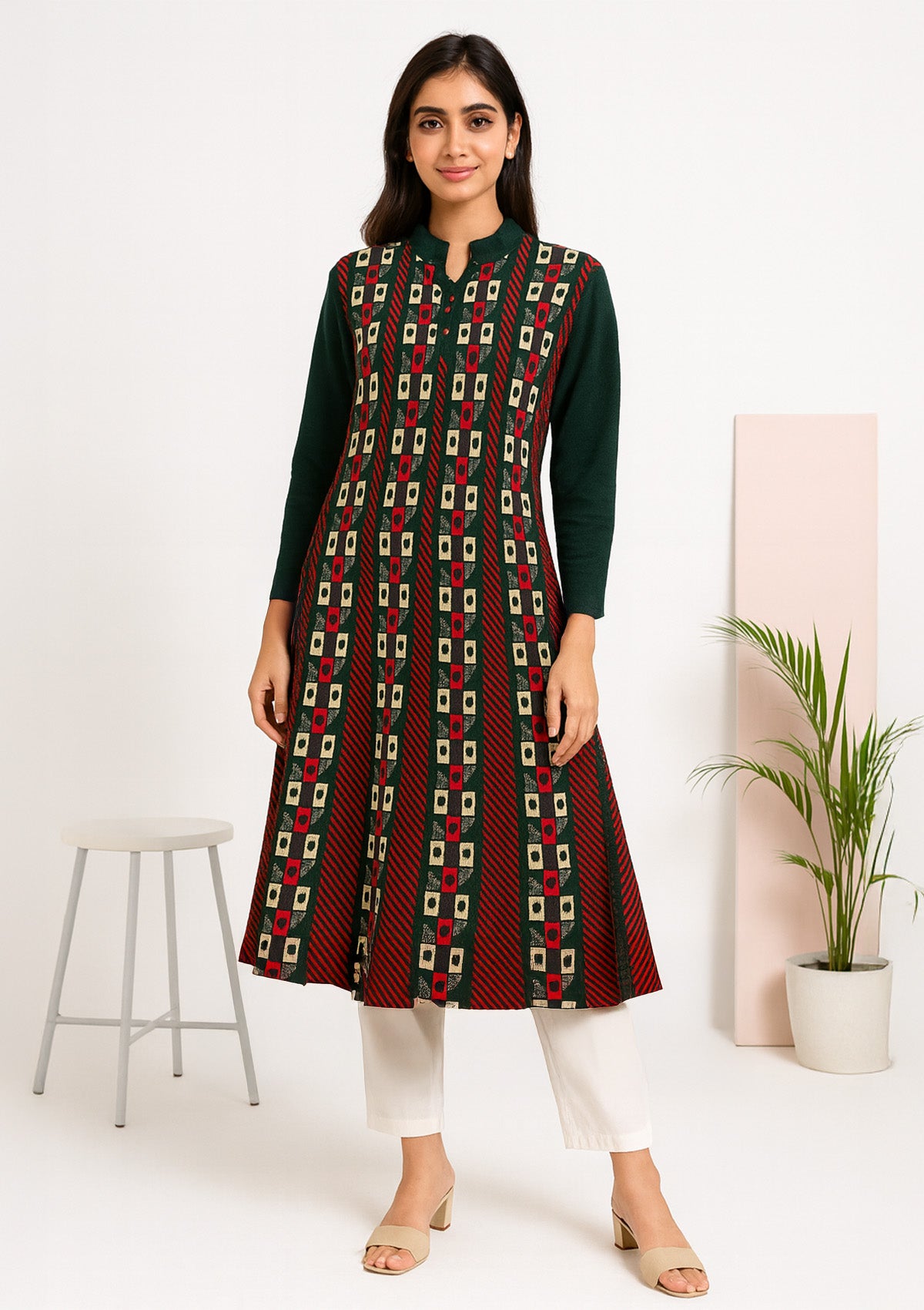 Women's A-Line Winter Knit Kurti – Geometric Jacquard