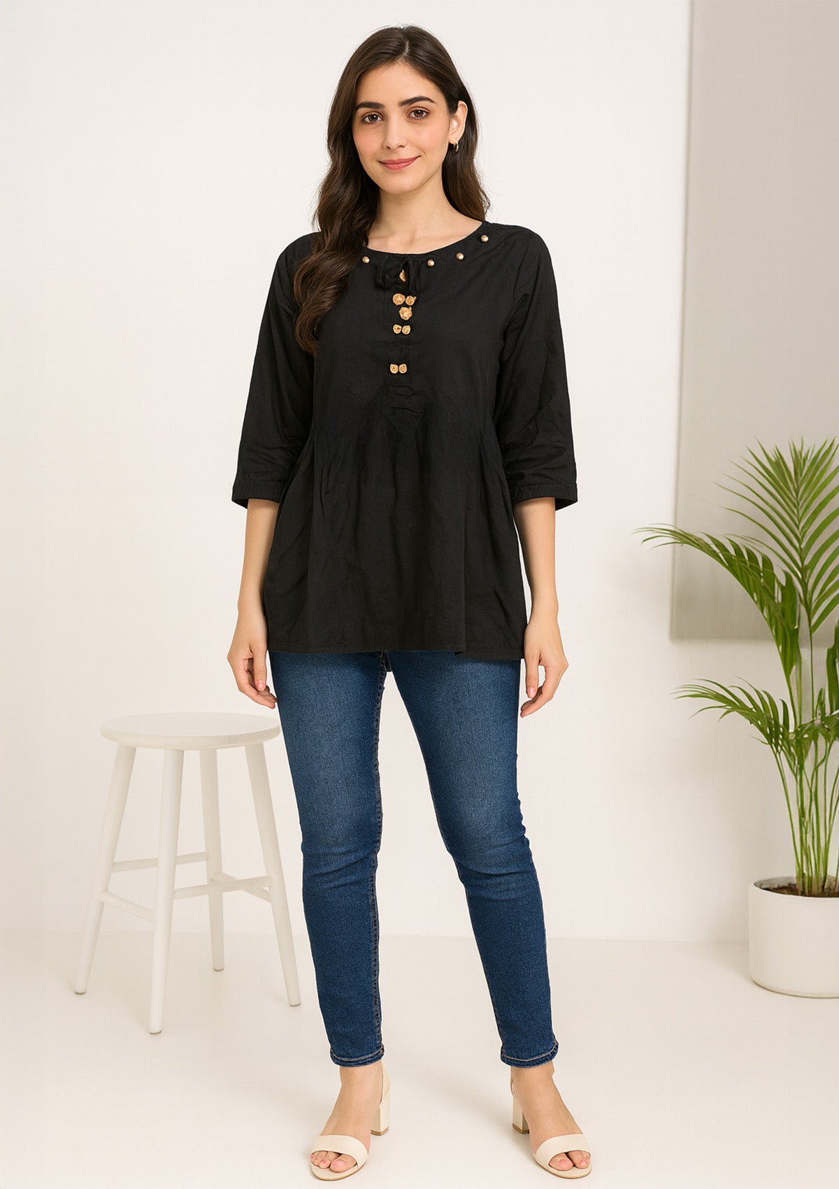 Women’s Black Rayon Frock Top – Wooden Button Style