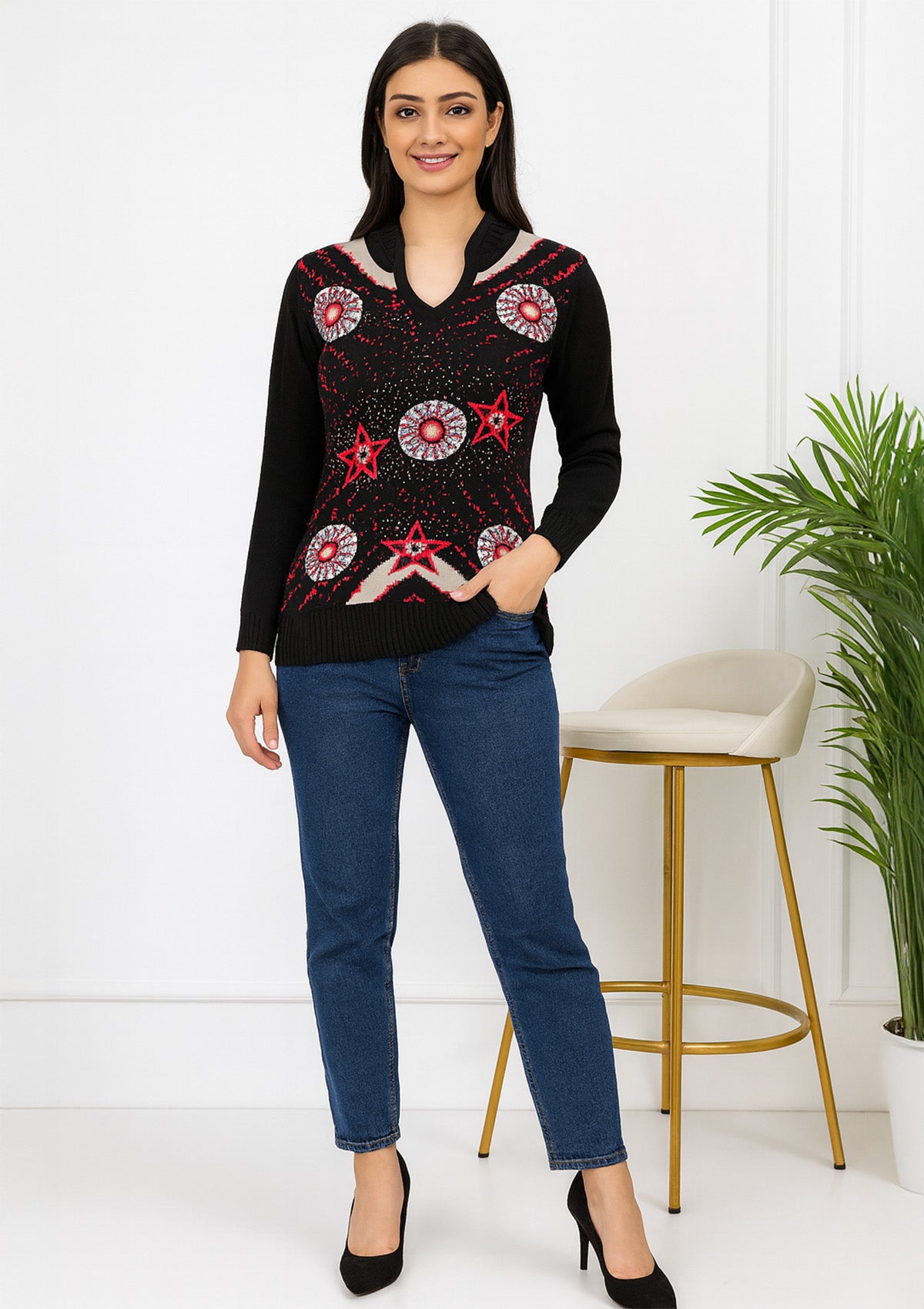 Premium Woolen Top for Women – V‑Neck Knit Pullover