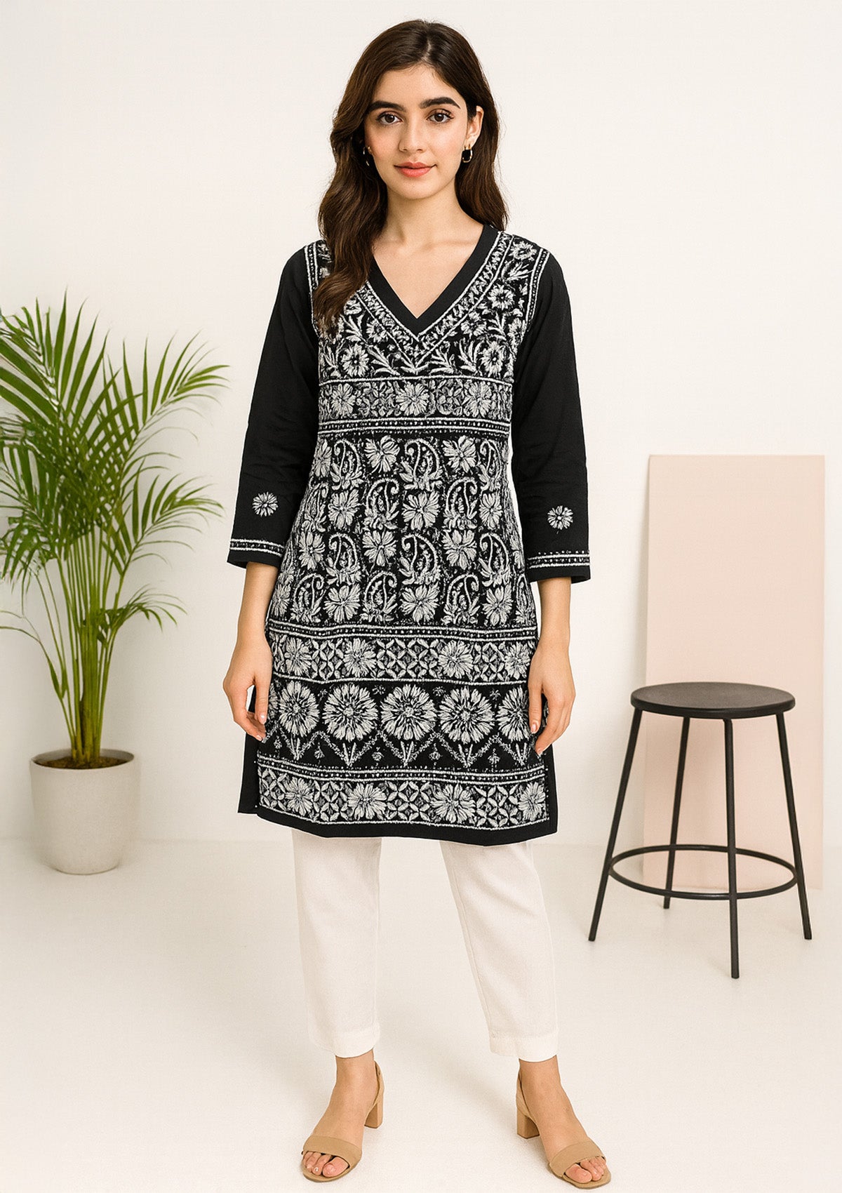 Women's Cotton Kurti – Black with White Floral Thread Embroidery