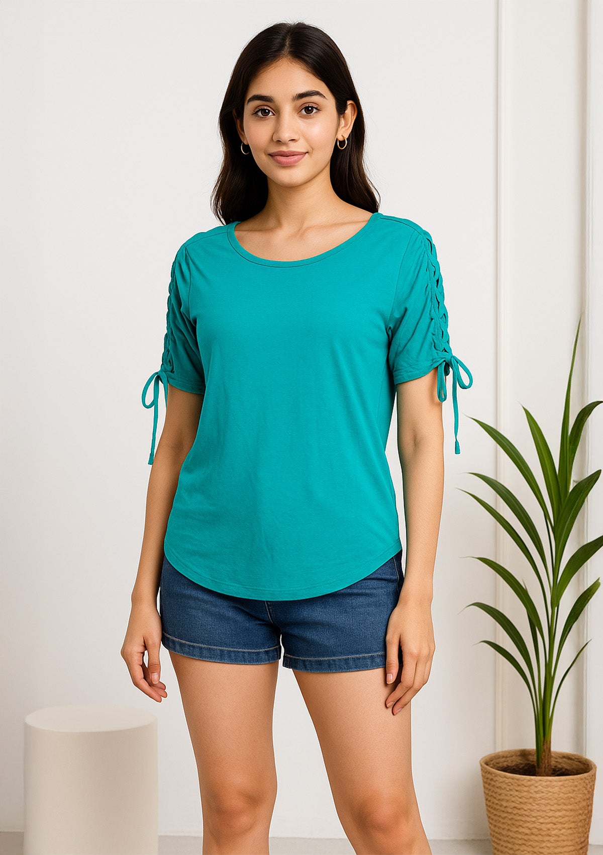 Women’s Teal Cotton Lycra Top – Trendy Side Tie Sleeve
