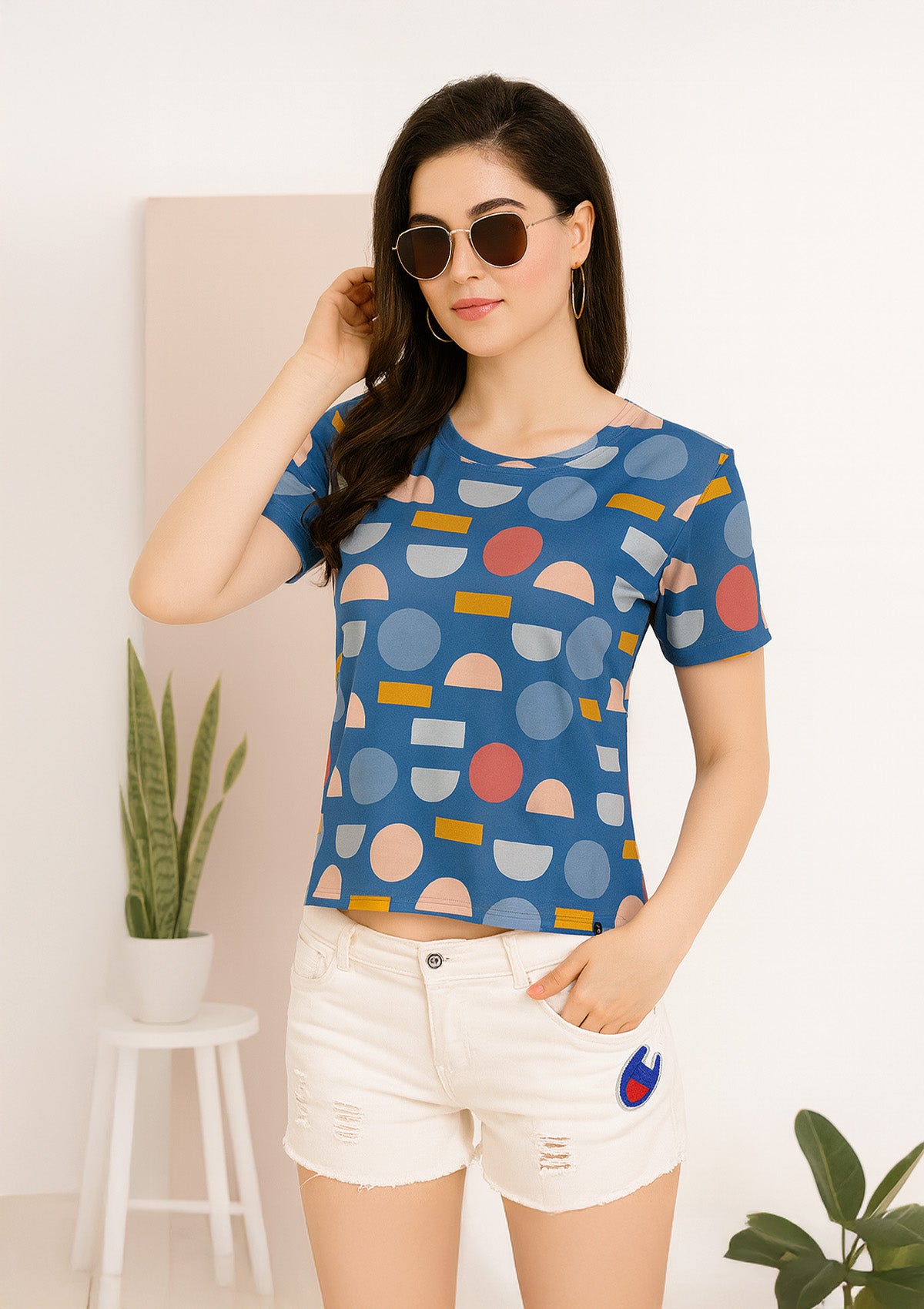 Women’s Printed T‑Shirt – Cobalt Blue & All‑Over Geometric Pattern