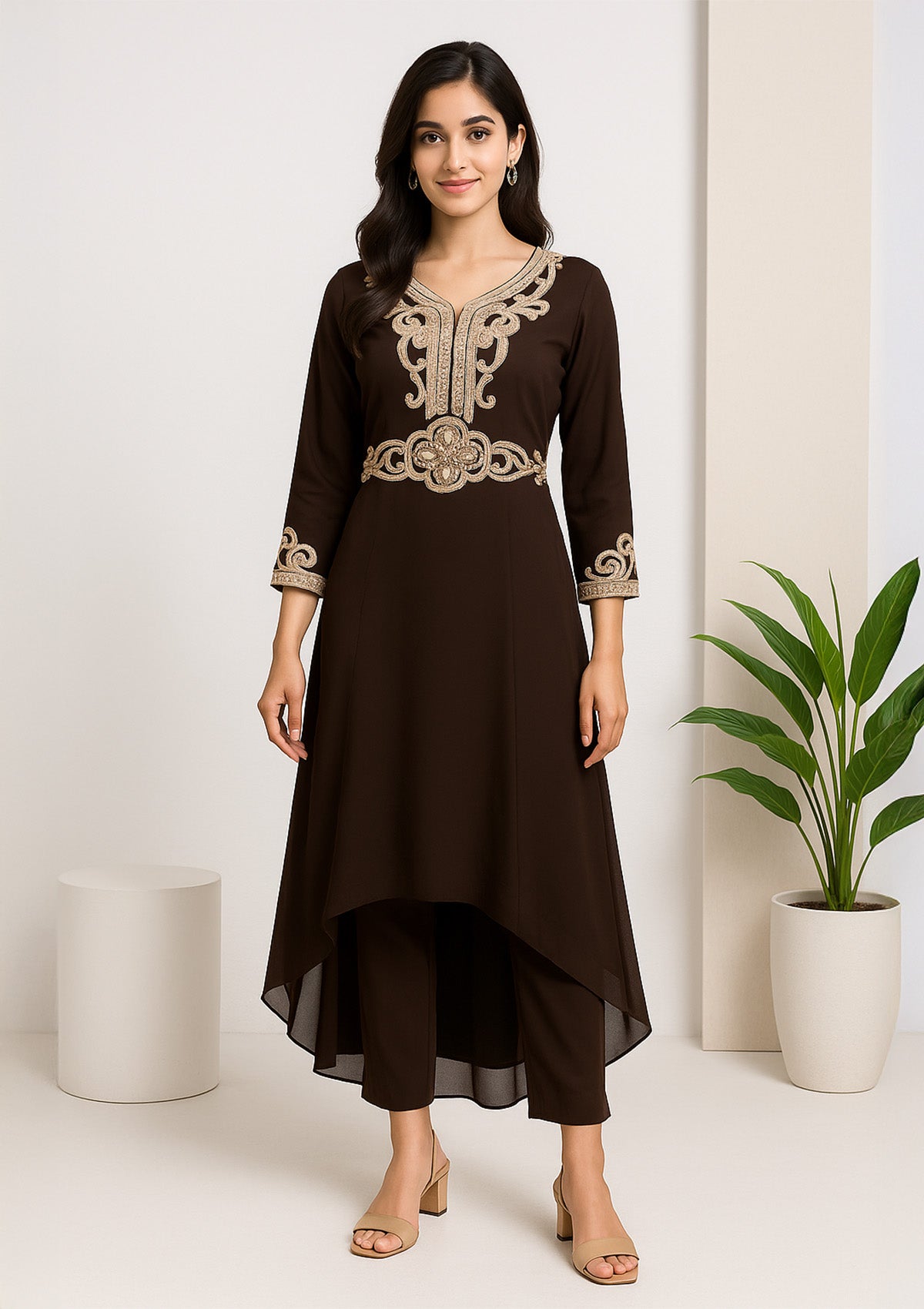 Women’s Coffee Brown C-Cut Frock Kurti – Heavy Embroidered