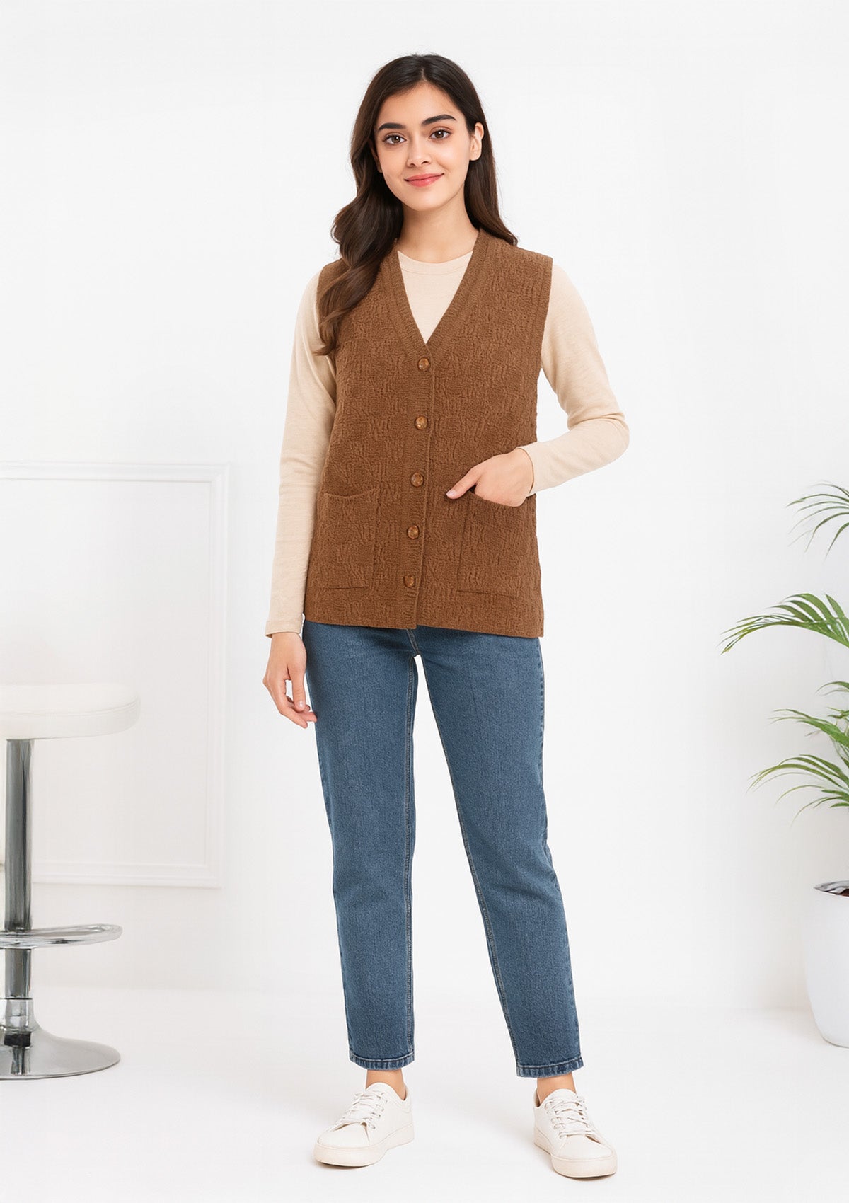 Women's Brown Sleeveless Knit Cardigan – V-Neck & Button-Up