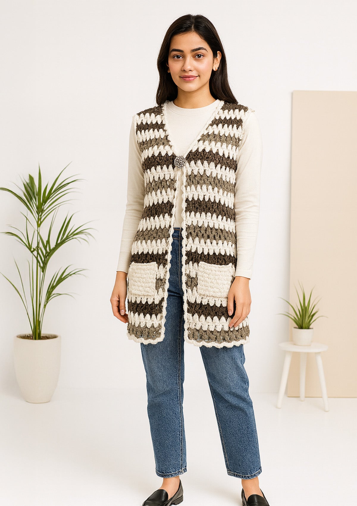 Handmade Crosia Work Shrug – Brown & Cream Stripes