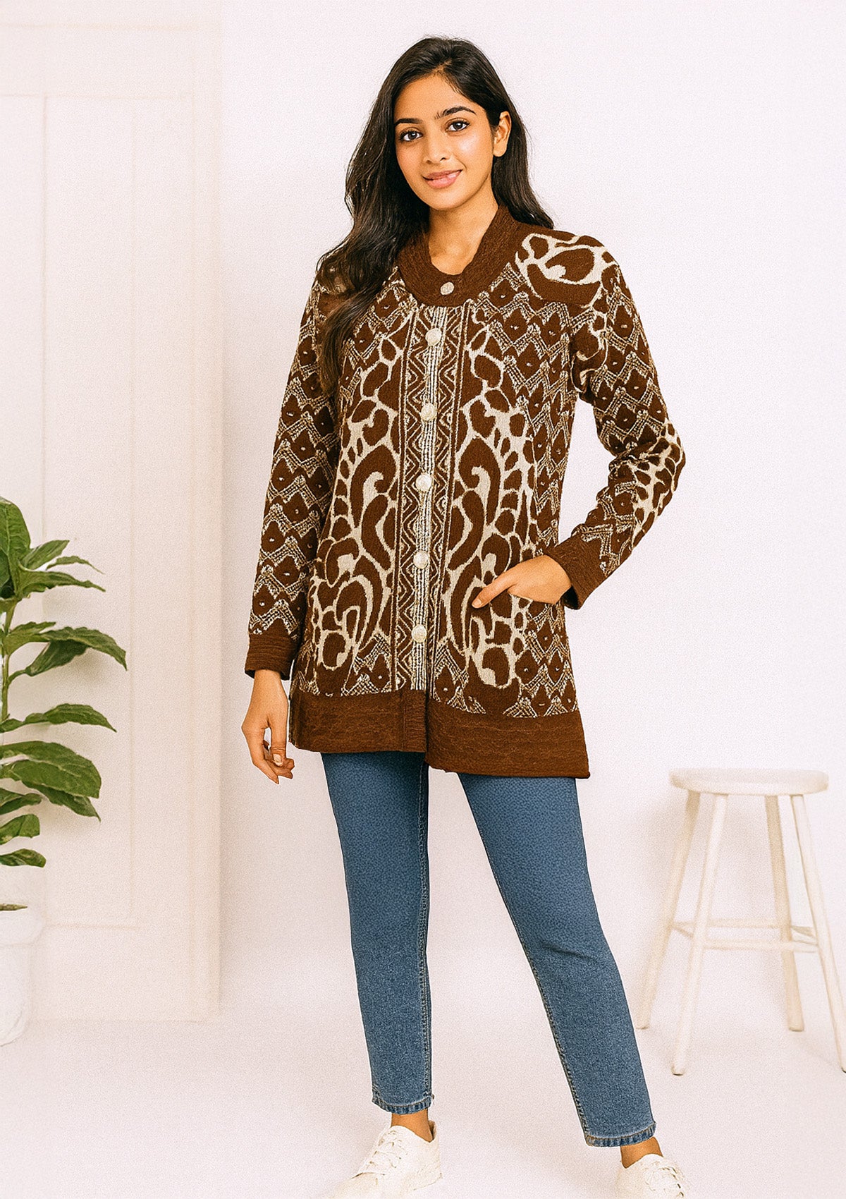 Women Ethnic Patterned Knit Cardigan – Brown & Cream