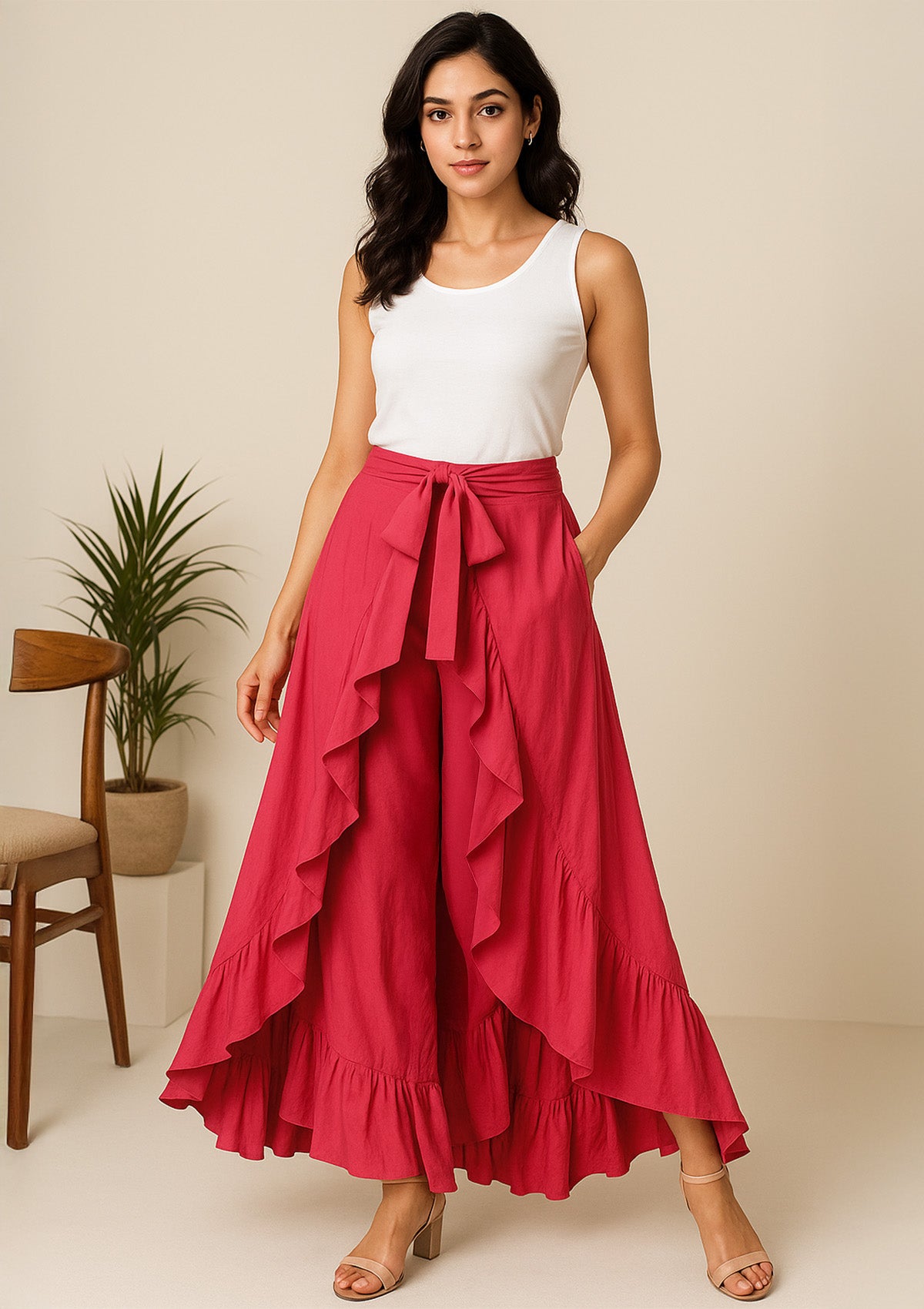 ClothingSutra Women’s Pink Ruffle Palazzo – Designer Flared Tiered Palazzo Pants