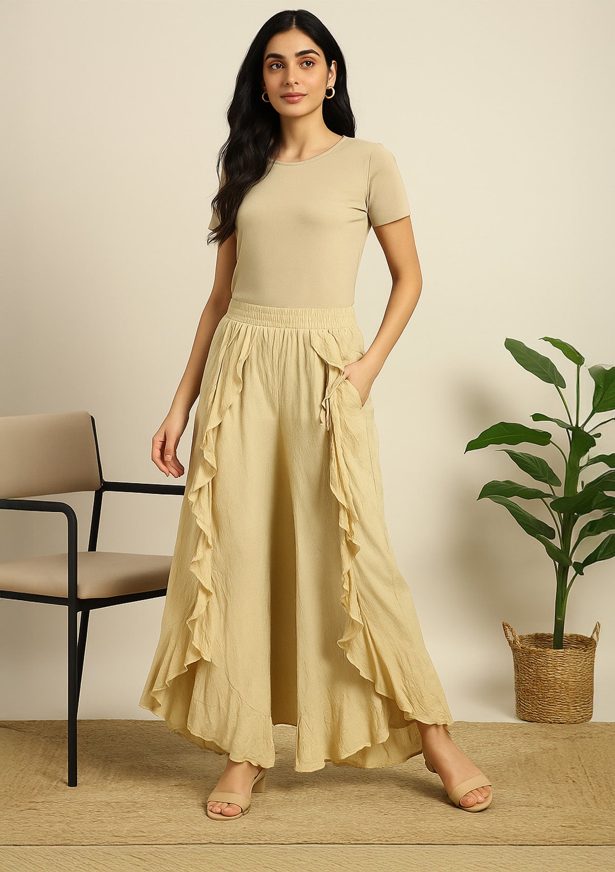 Women’s Beige Ruffle Palazzo – High Waist Layered Flared Palazzo