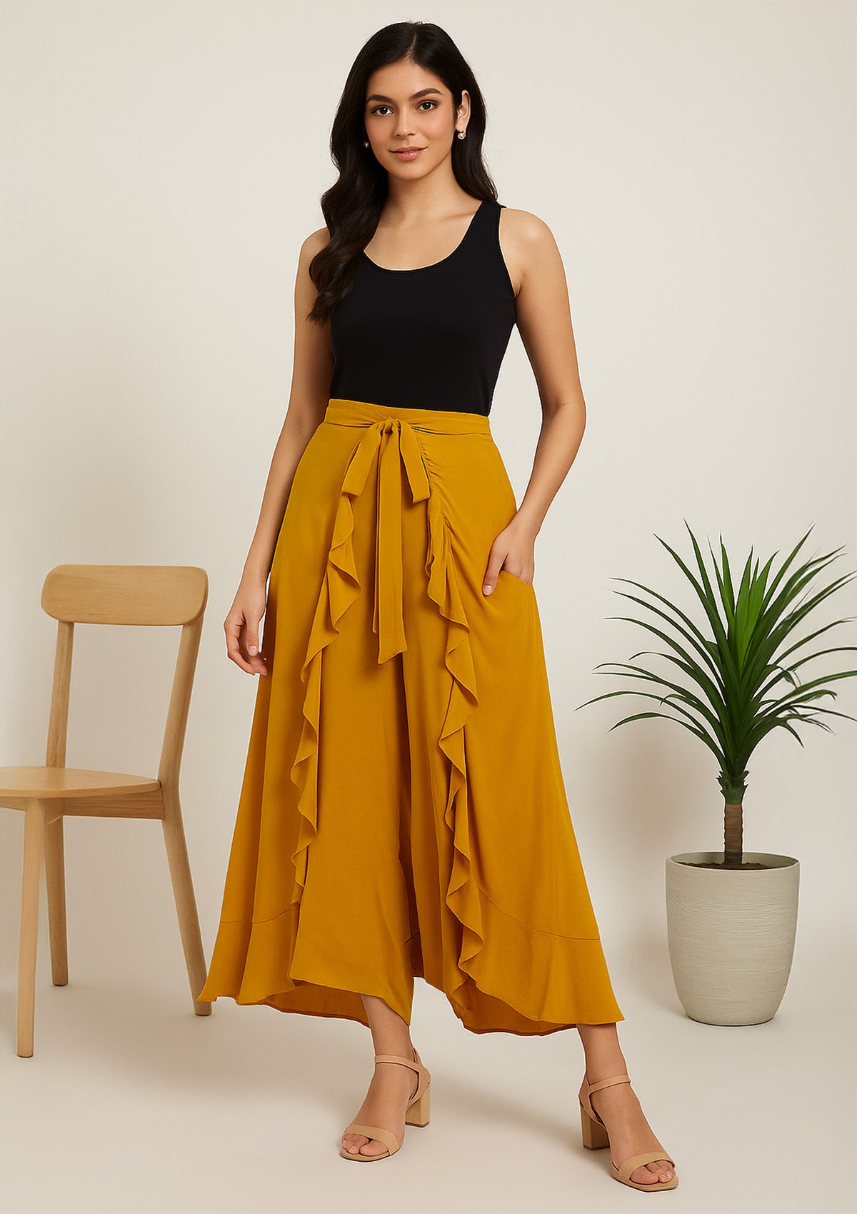 Women’s Yellow Rayon Ruffle Palazzo – Flared Layered Palazzo