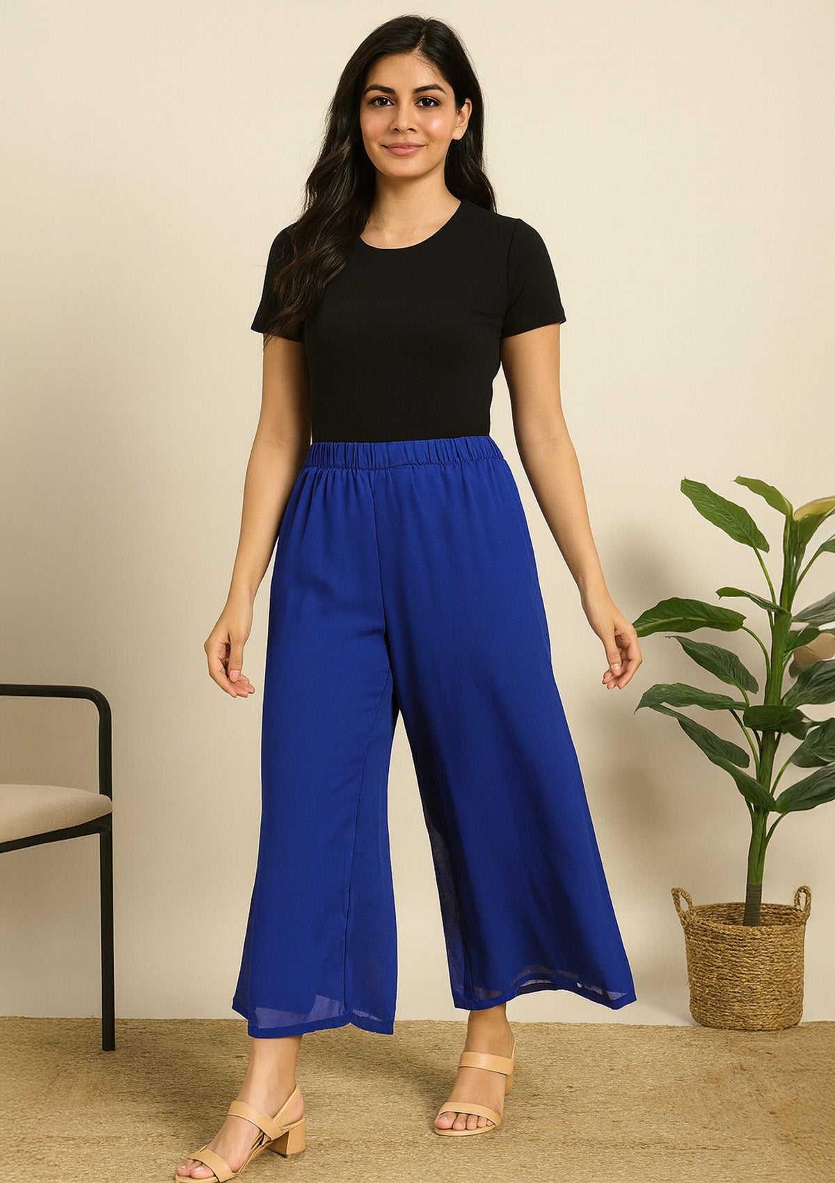 Women’s Royal Blue Georgette Short Palazzo – Stylish Wide Pants